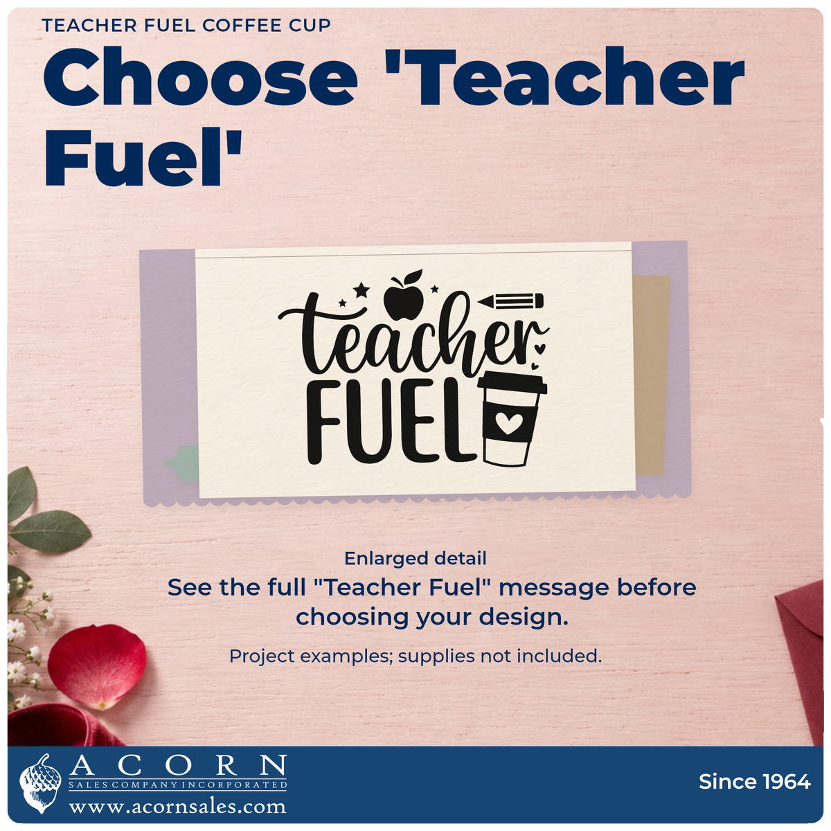 Enlarged detail of the Teacher Fuel Coffee Cup Slim Pre-Inked Stamp imprint. “Teacher Fuel” appears with an apple, pencil, stars, and a takeaway cup bearing a heart.