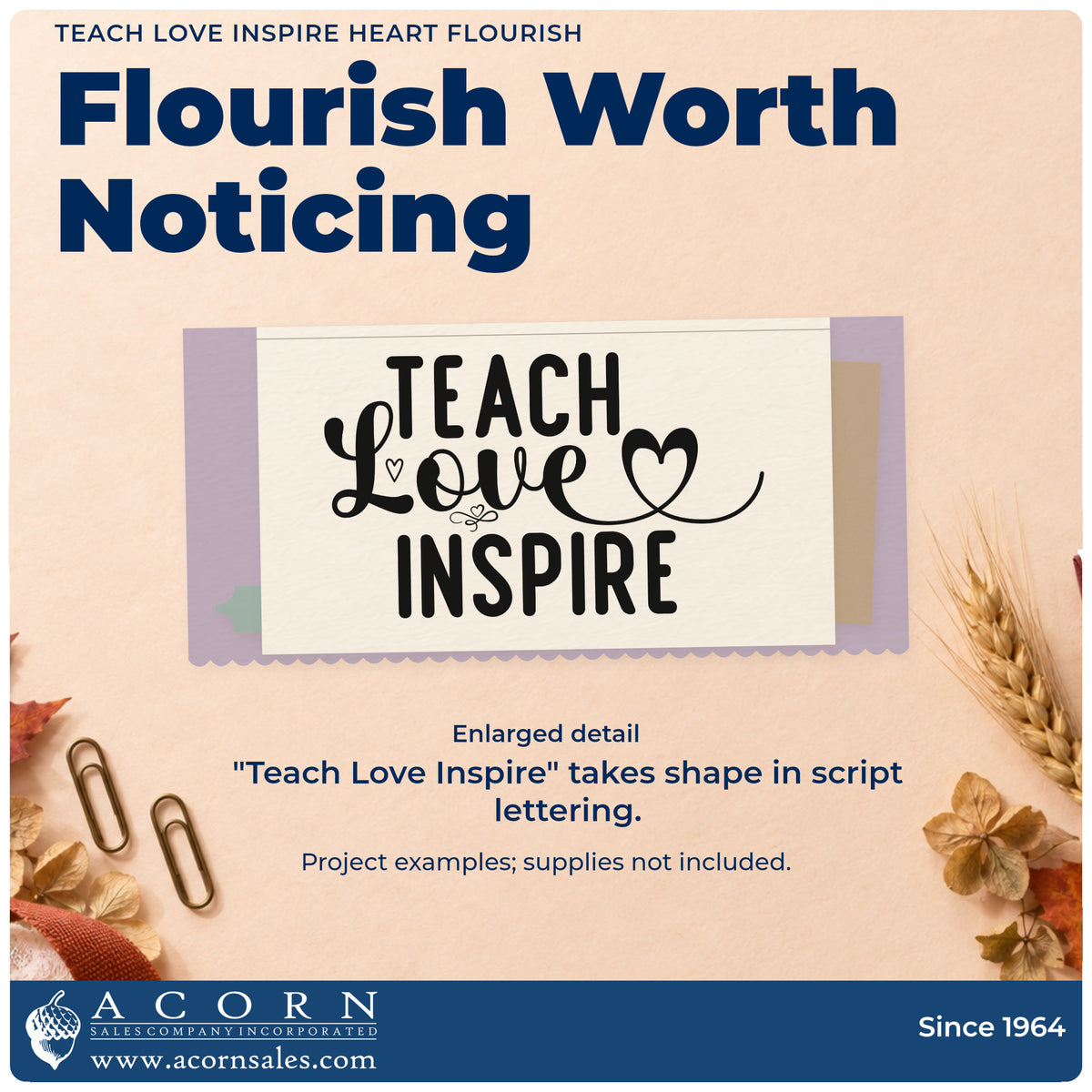 Enlarged detail of the Teach Love Inspire Heart Flourish Compact Pre-Inked Stamp – Slim imprint. “Teach Love Inspire” features small hearts and a long heart-shaped script flourish.