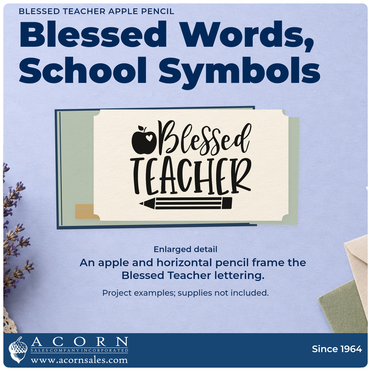 Enlarged detail of the Blessed Teacher Apple Pencil Stamp – Premium Vintage Pro Wooden imprint. “Blessed Teacher” appears between an apple and a horizontal pencil.