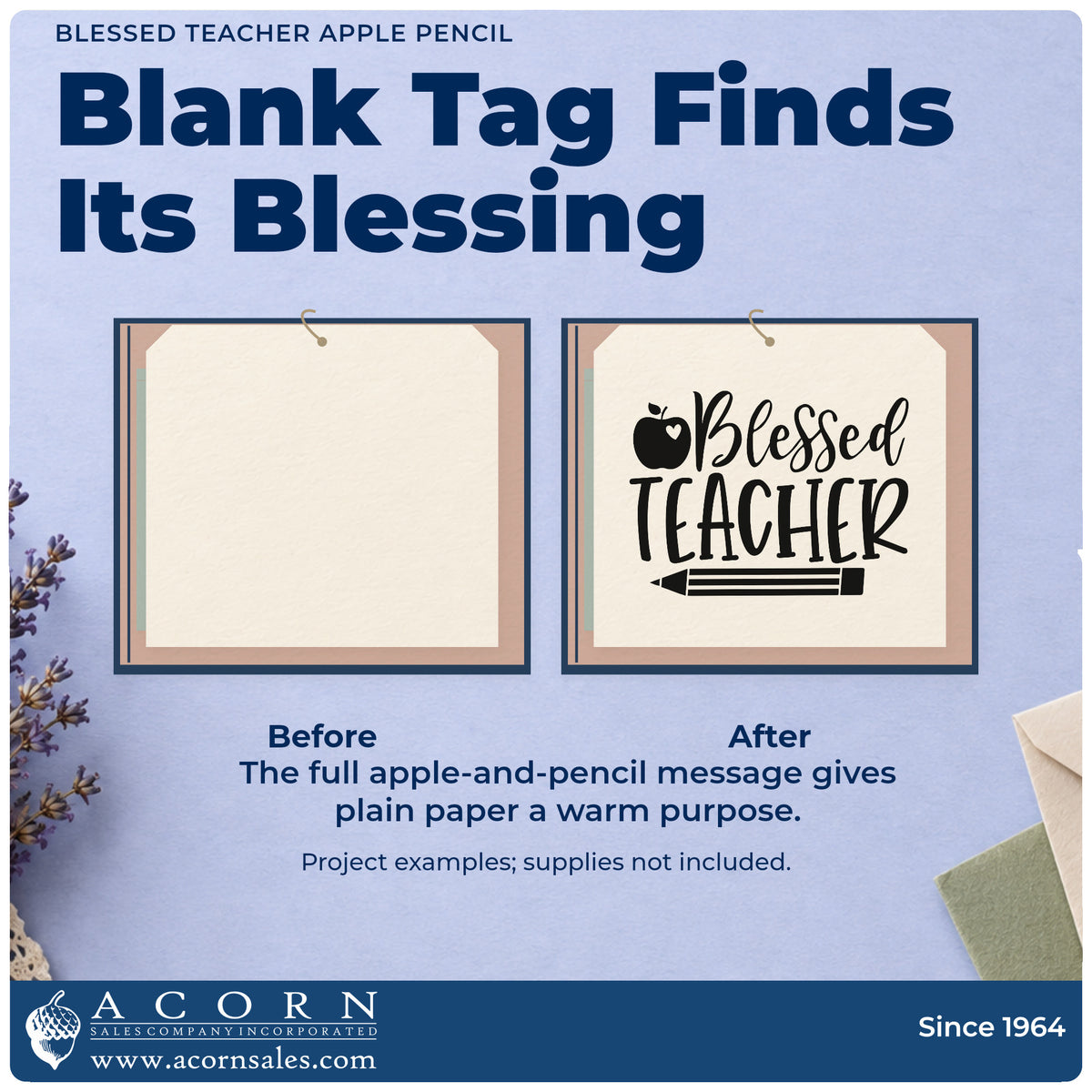 Before and after of a plain item finished with the Blessed Teacher Apple Pencil Stamp – Self-Inking, a quick upgrade for welcome pack seals.