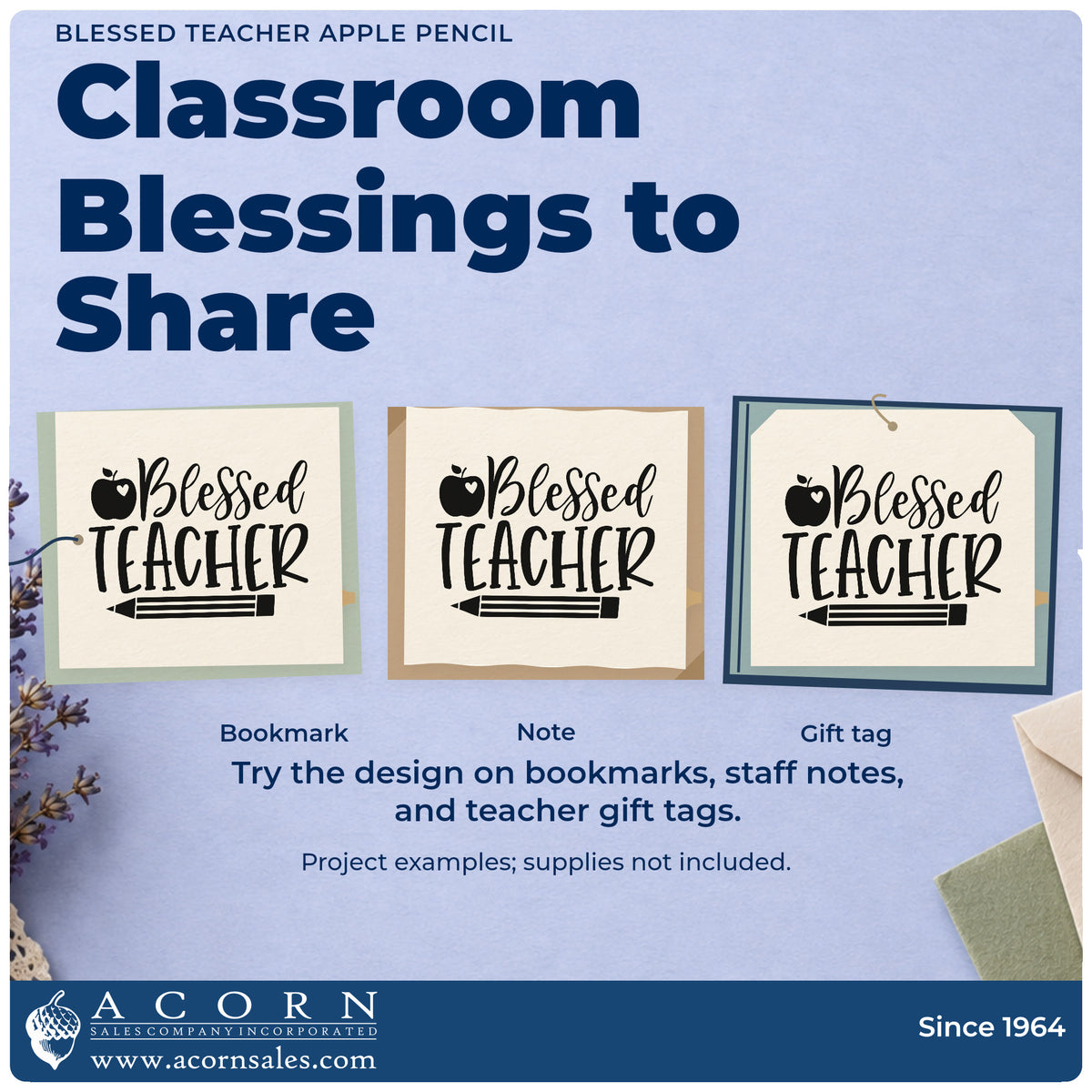 Three project examples made with the Blessed Teacher Apple Pencil Stamp – Self-Inking, including bible shelf labels.