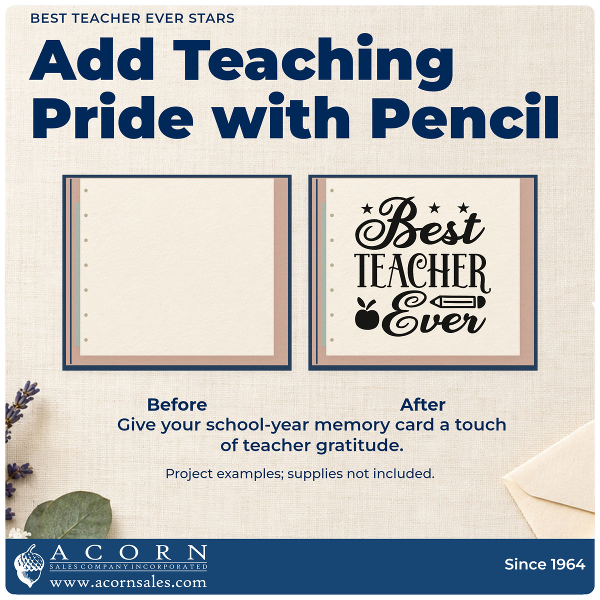 Before and after of a plain item finished with the Best Teacher Ever Stars Premium Wood-Mounted Stamp – Vintage Pro, a quick upgrade for ballot slip seals.