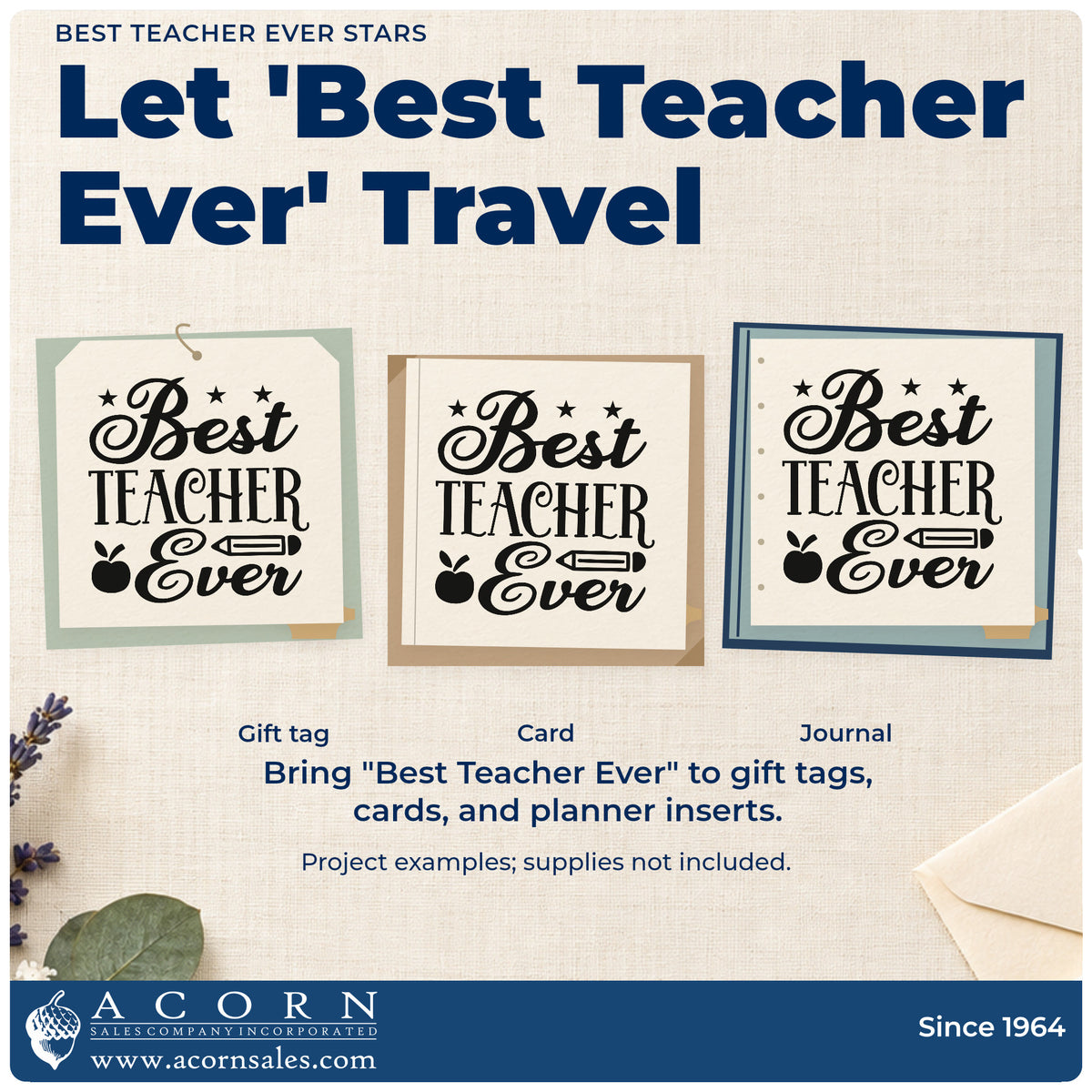 Three project examples made with the Best Teacher Ever Stars Self-Inking Craft Stamp, including prize box labels.