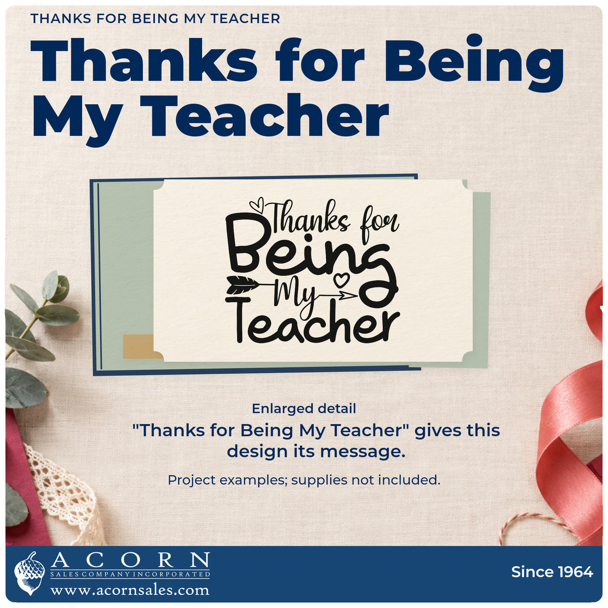 Enlarged detail of the Thanks For Being My Teacher With Hearts Pre-Inked Stamp – Slim imprint. “Thanks for Being My Teacher” features hearts and arrow details.