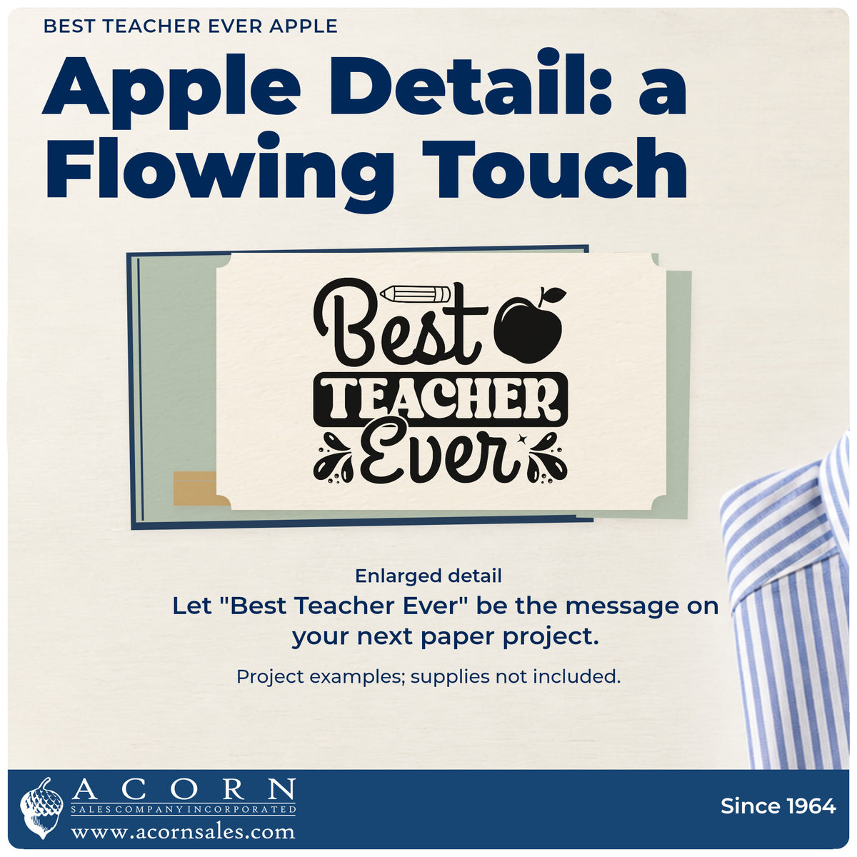 Enlarged detail of the Wood Handle Best Teacher Ever Apple Pencil Motif Rubber Stamp imprint. “Best Teacher Ever” features a pencil, apple, dark banner, and small decorative flourishes.