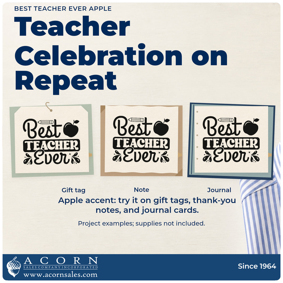 Three project examples made with the Best Teacher Ever Apple Pencil Motif Pre-Inked Stamp – Slim, including trophy shelf labels.