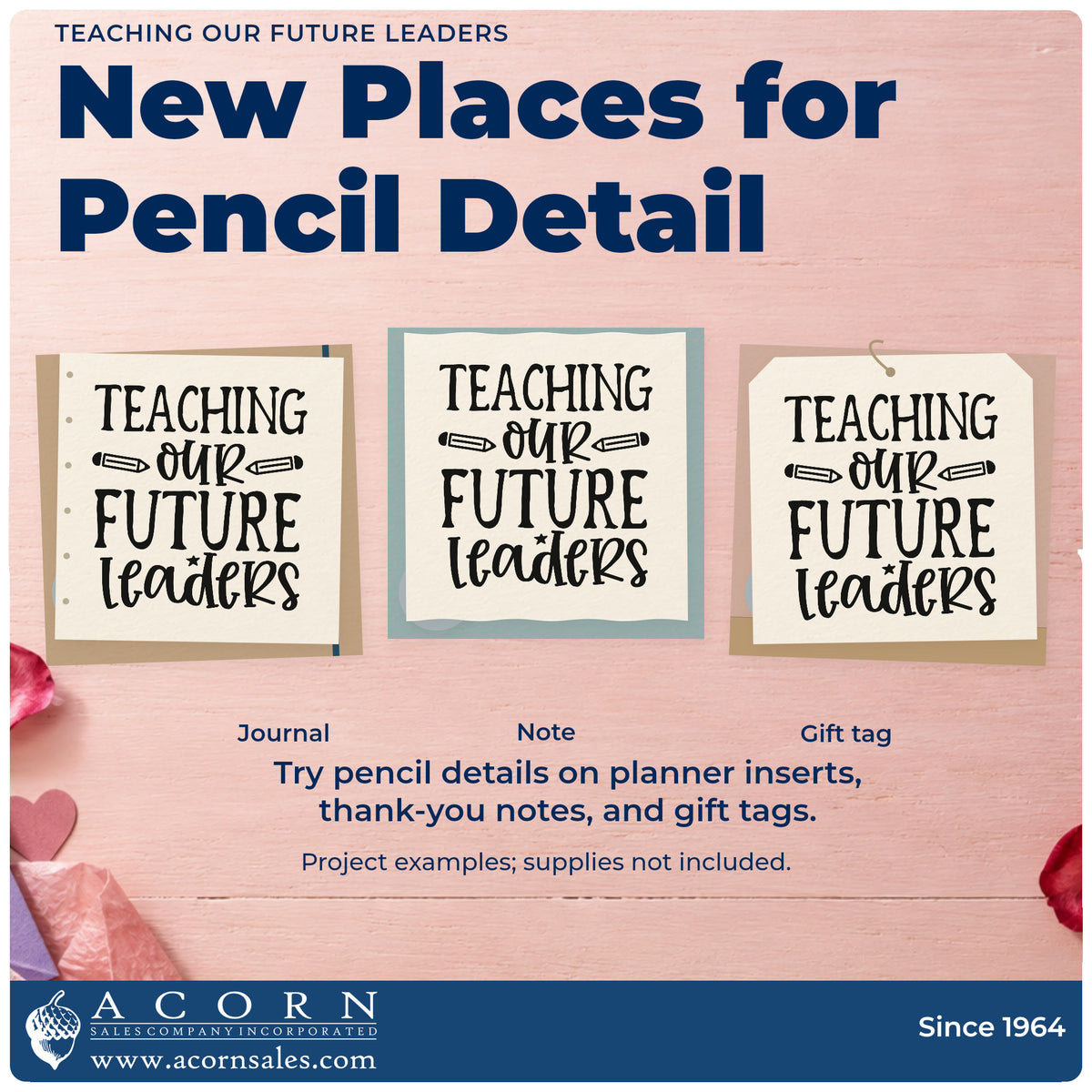 Three project examples made with the Duo Hand Teaching Our Future Leaders Rubber Stamp, including mentor file labels.