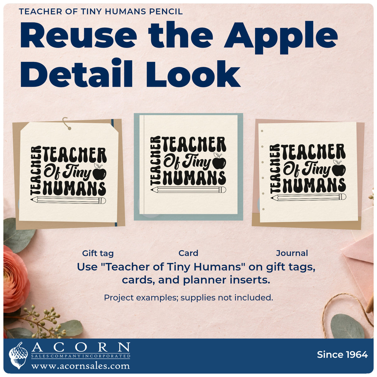 Three project examples made with the Teacher Of Tiny Humans Pencil Apple Stamp – Self-Inking, including peg label strips.