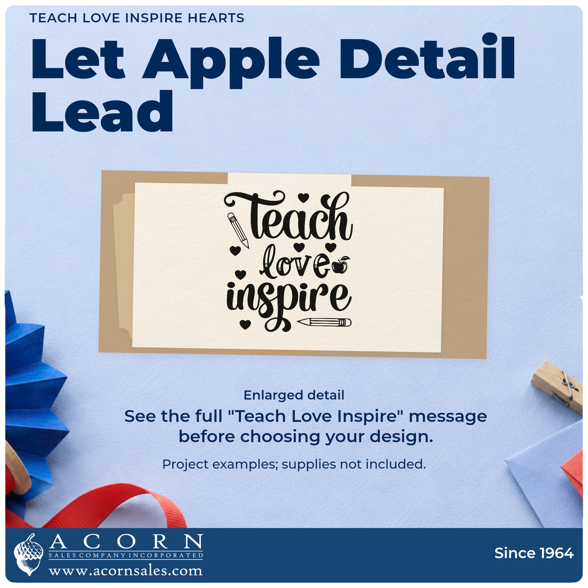 Enlarged detail of the Teach Love Inspire Hearts Premium Wooden Stamp – Vintage Pro imprint. “Teach Love Inspire” is surrounded by hearts, two pencils, and a small apple.