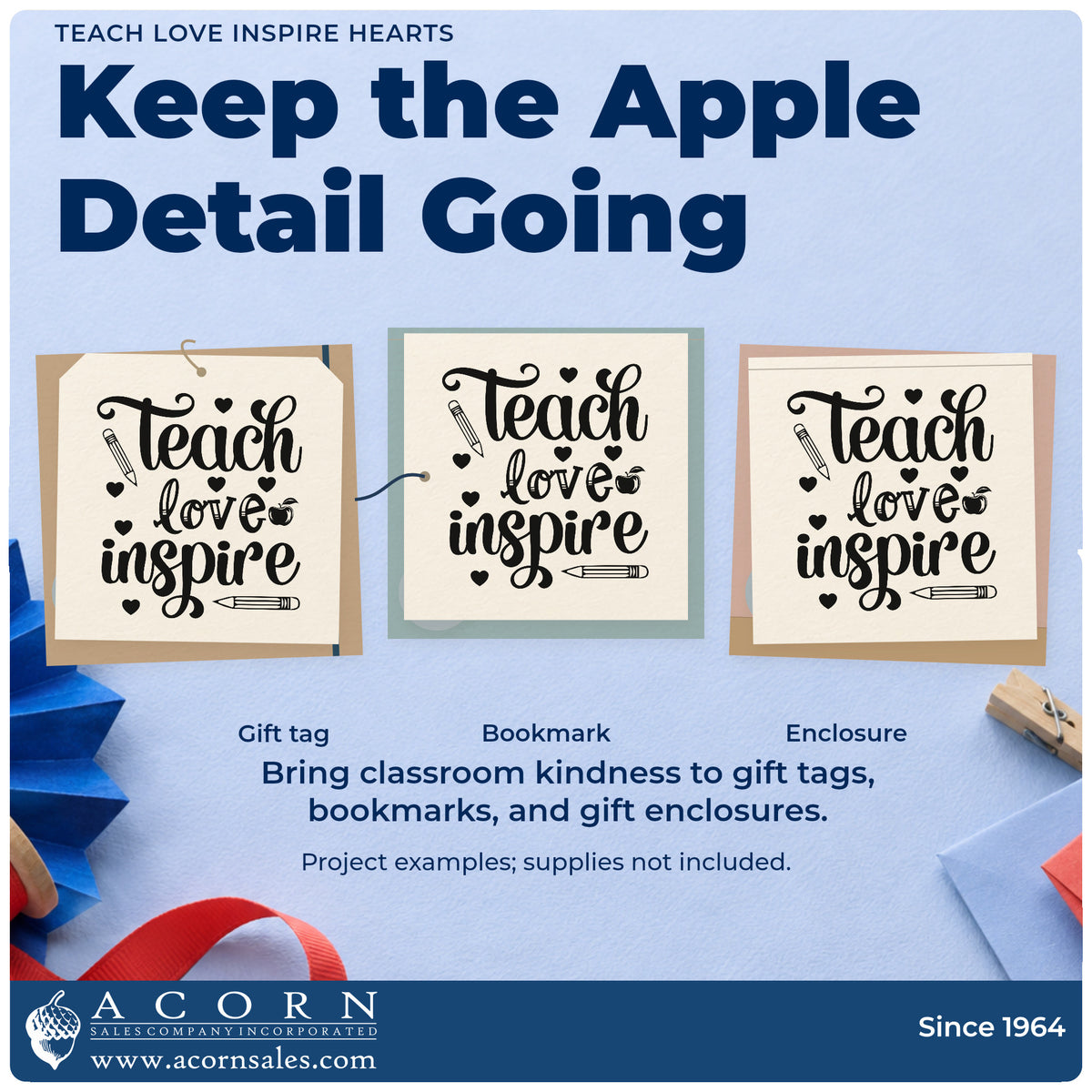 Three project examples made with the Teach Love Inspire Hearts Slim Pre-Inked Stamp, including drawer front labels.