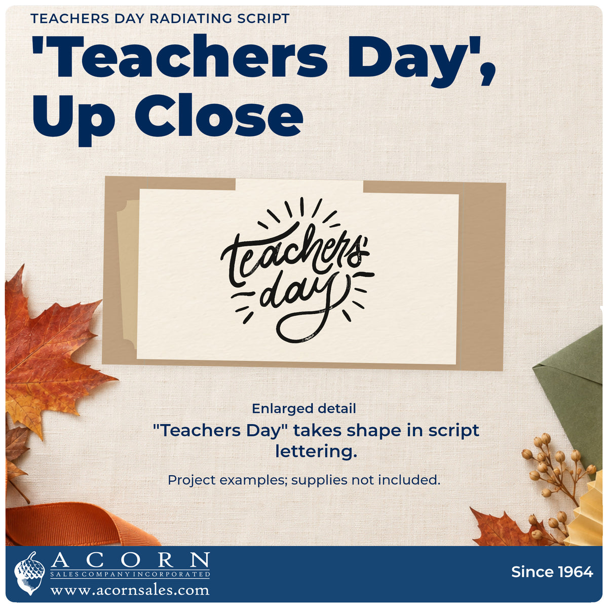 Enlarged detail of the Teachers Day Radiating Script Lettering Stamp – Premium Vintage Pro Wooden imprint. Large script “Teachers Day” is surrounded by short radiating strokes.