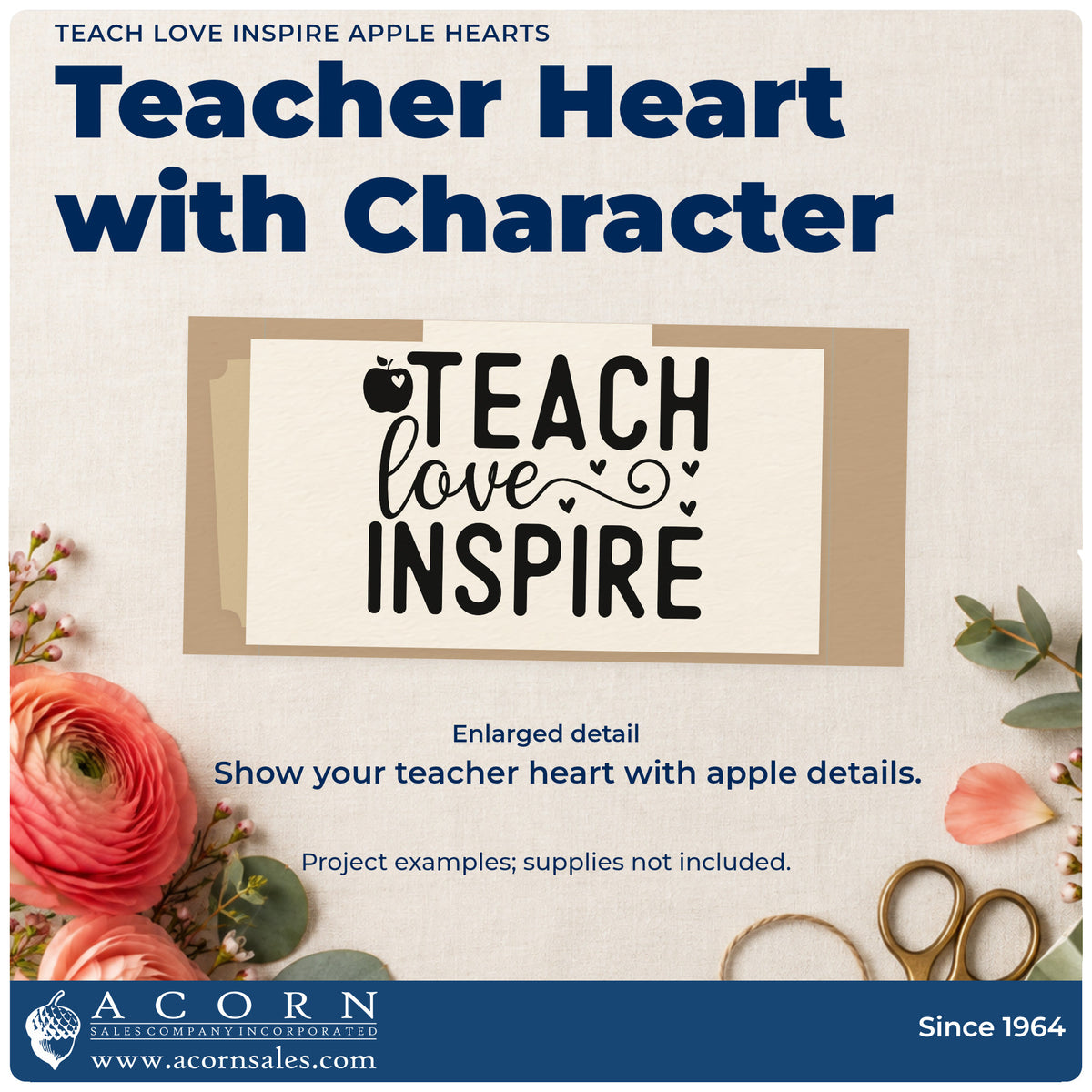 Enlarged detail of the Apple Hearts Teach Love Inspire Premium Wood-Mounted Stamp – Vintage Pro imprint. “Teach Love Inspire” features an apple and a curling line with small hearts.