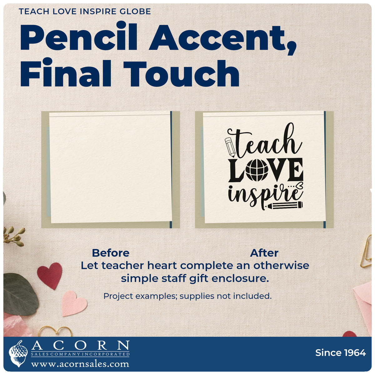 Before and after of a plain item finished with the Teach Love Inspire Globe Pencil Duo Hand Stamp, a quick upgrade for postcard seals.