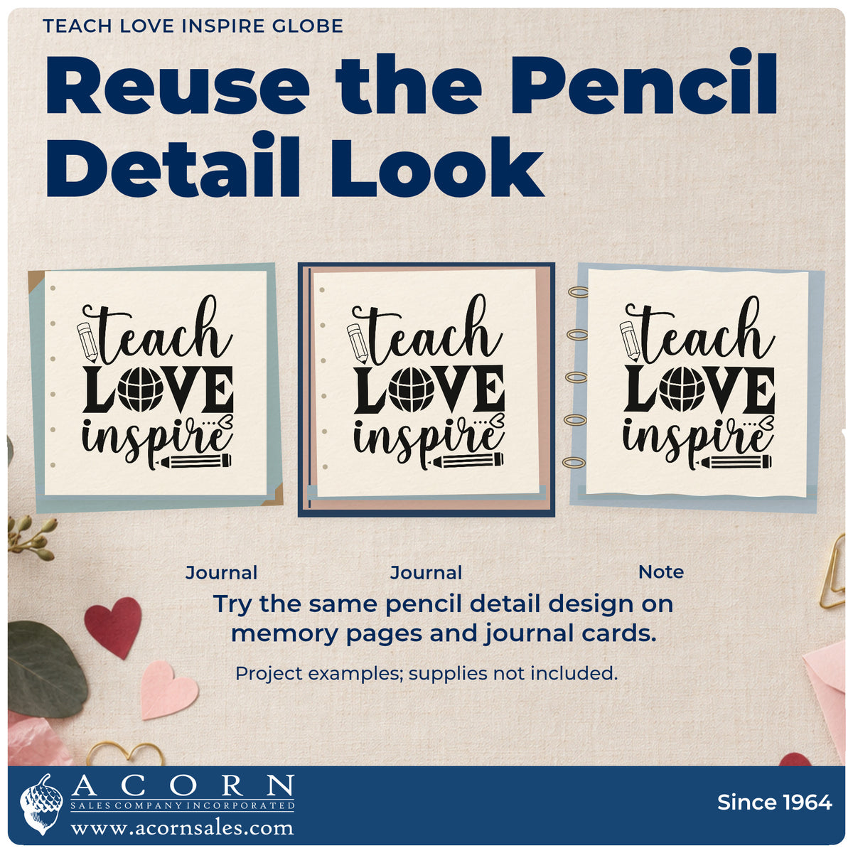 Three project examples made with the Premium Wooden Teach Love Inspire Globe Pencil Stamp – Vintage Pro, including suitcase tag labels.