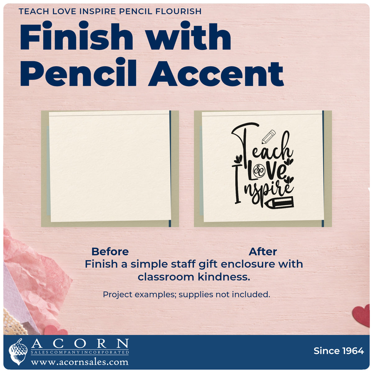 Before and after of a plain item finished with the Teach Love Inspire With Two Pencils Rubber Stamp – Duo Hand, a quick upgrade for wax letter seals.