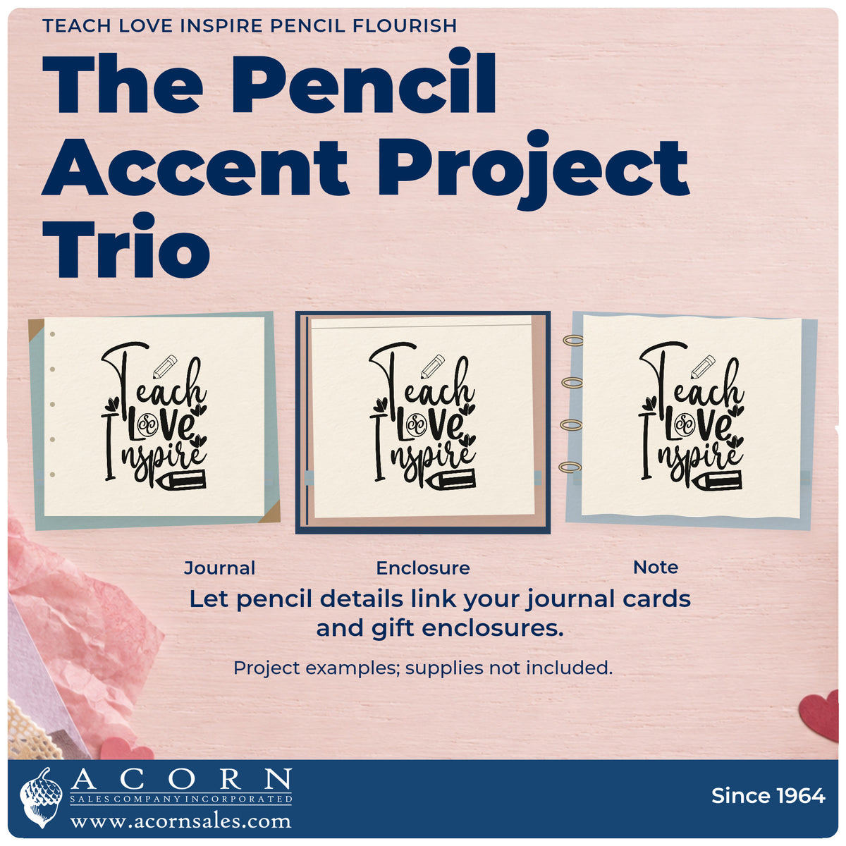 Three project examples made with the Teach Love Inspire With Two Pencils Premium Wooden Stamp – Vintage Pro, including guide sheet labels.