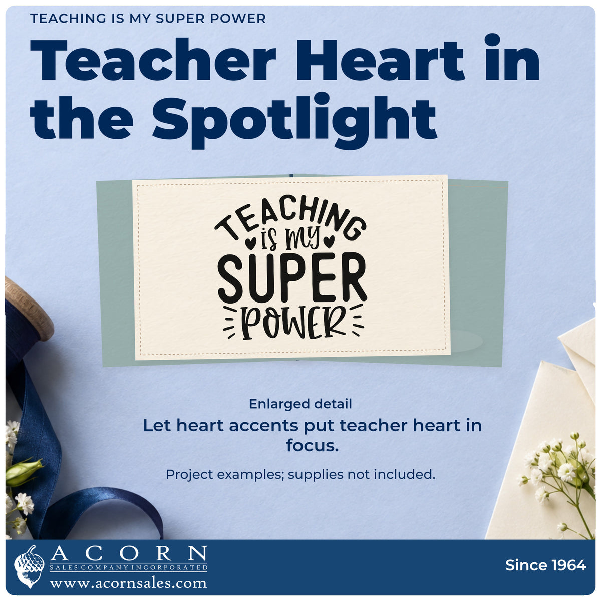 Enlarged detail of the Teaching Is My Super Power With Hearts Stamp – Premium Vintage Pro Wooden imprint. “Teaching Is My Super Power” features small hearts and radiating strokes.