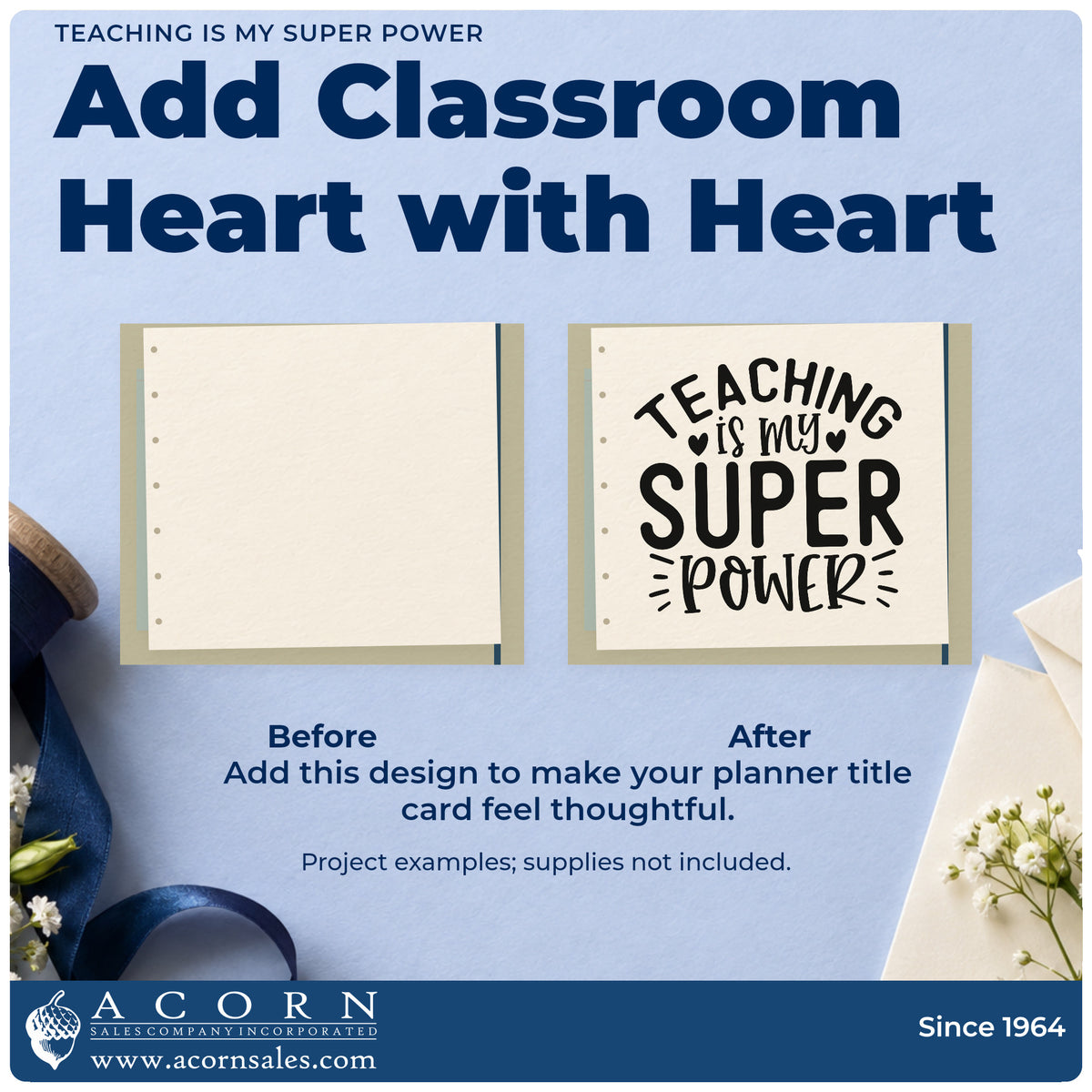 Before and after of a plain item finished with the Teaching Is My Super Power With Hearts PSI Pre-Inked Stamp, a quick upgrade for thank you seals.