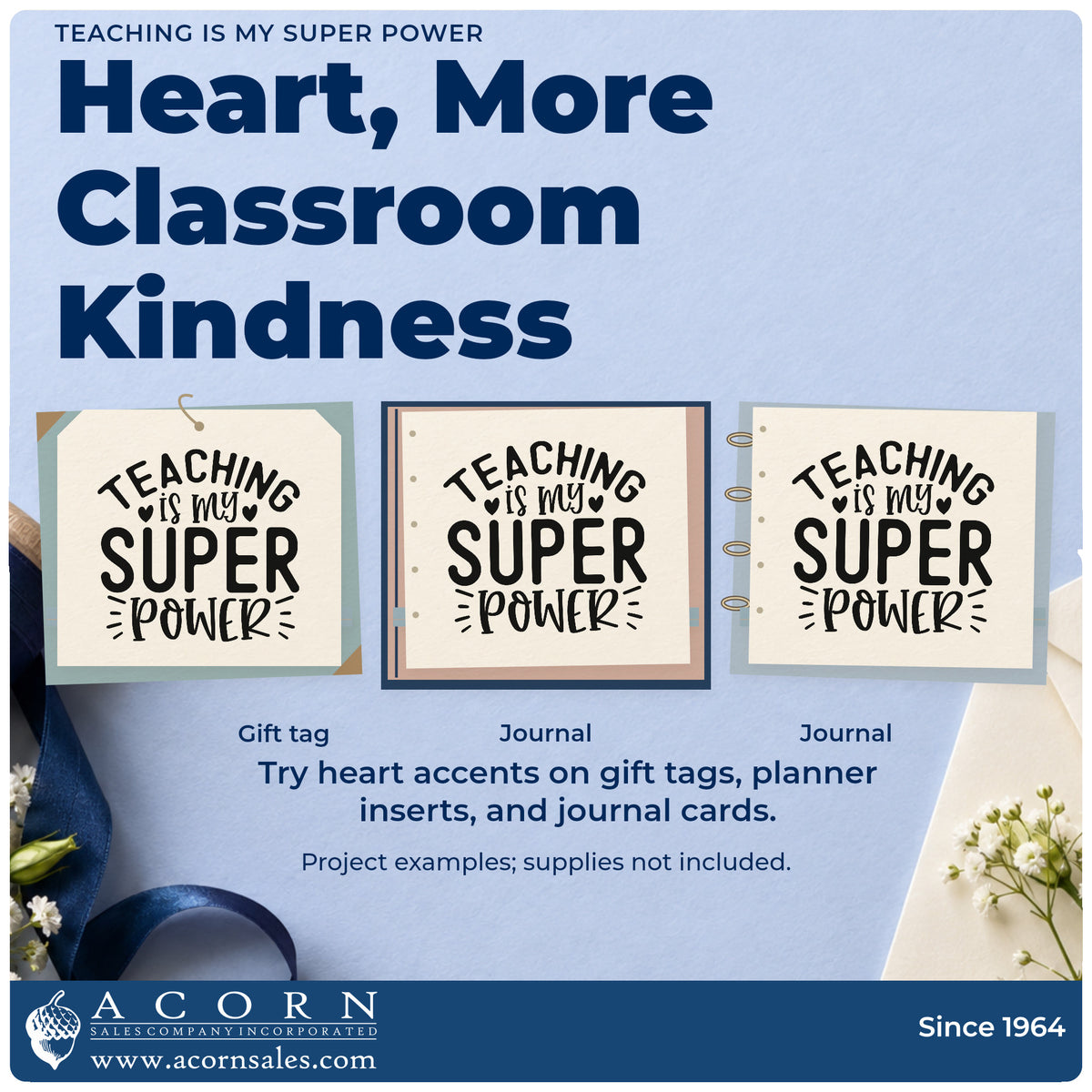 Three project examples made with the Teaching Is My Super Power With Hearts Hand Stamp – Duo, including pin card labels.
