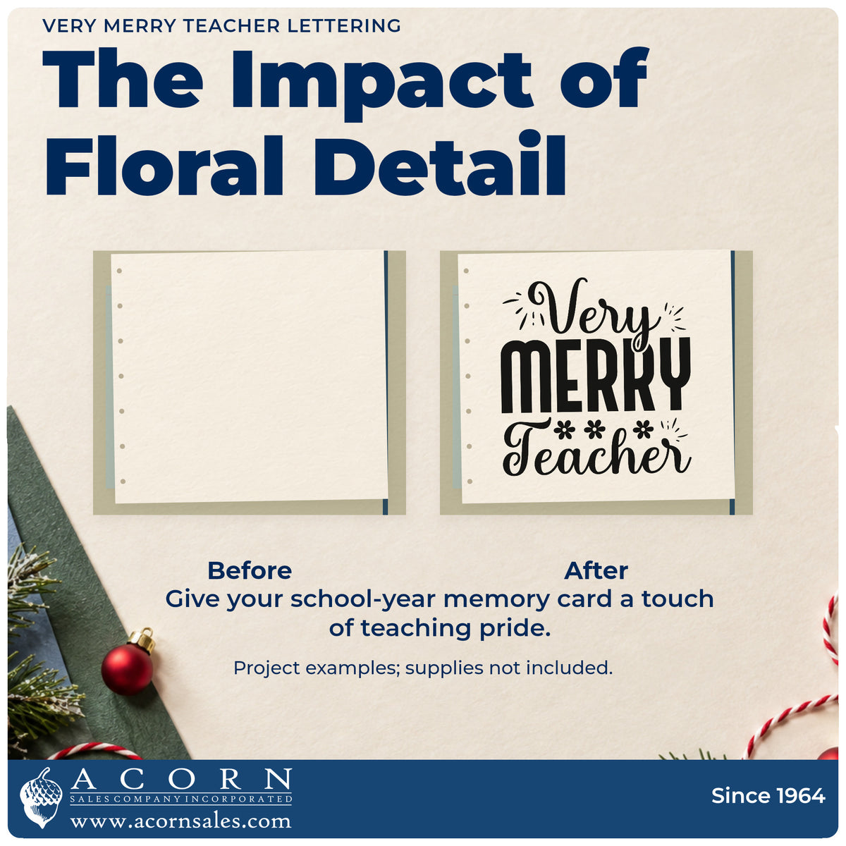 Before and after of a plain item finished with the Very Merry Teacher Premium Wooden Stamp – Vintage Pro, a quick upgrade for cracker tube seals.
