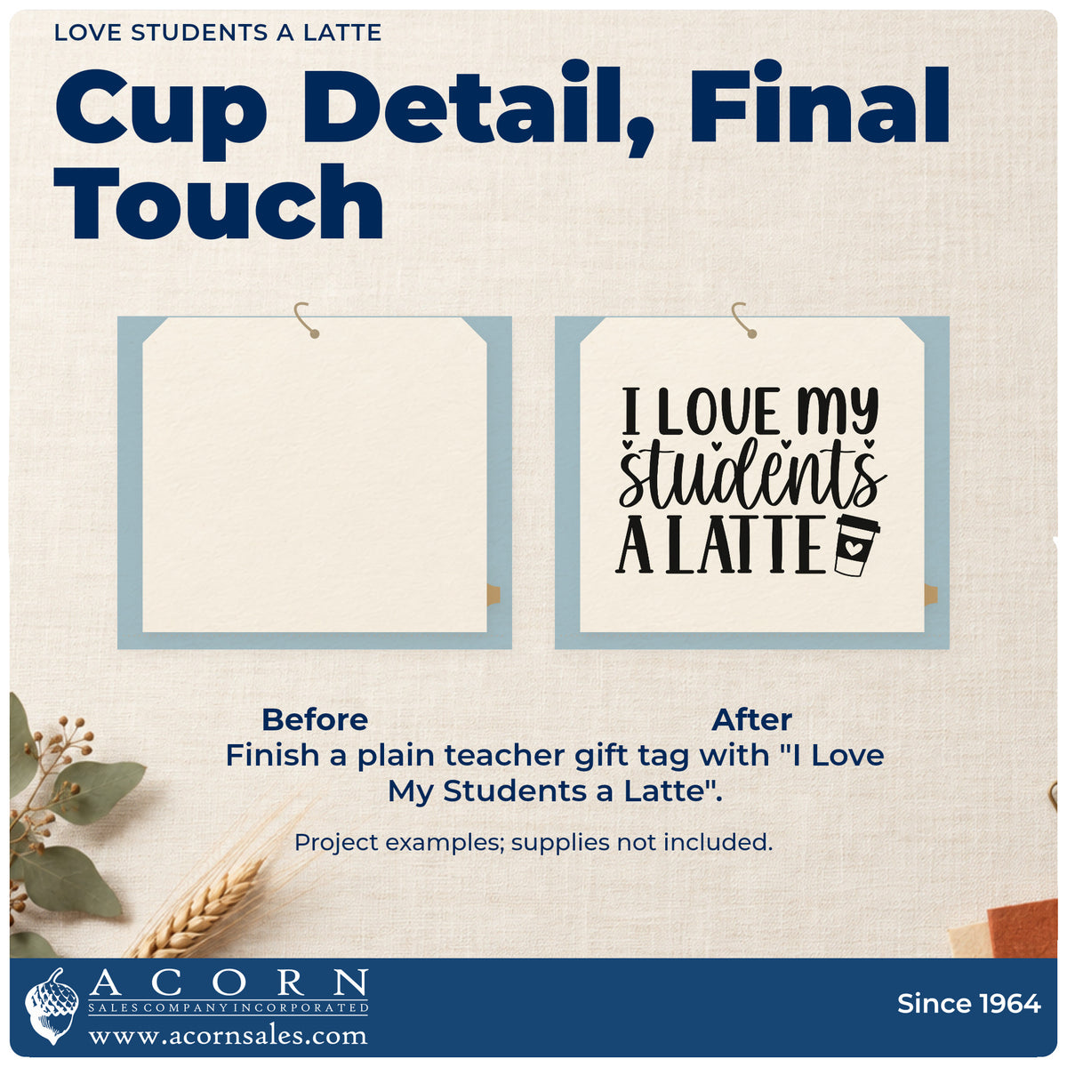 Before and after of a plain item finished with the Love Students A Latte Rubber Stamp – Wood Handle, a quick upgrade for cafe card seals.