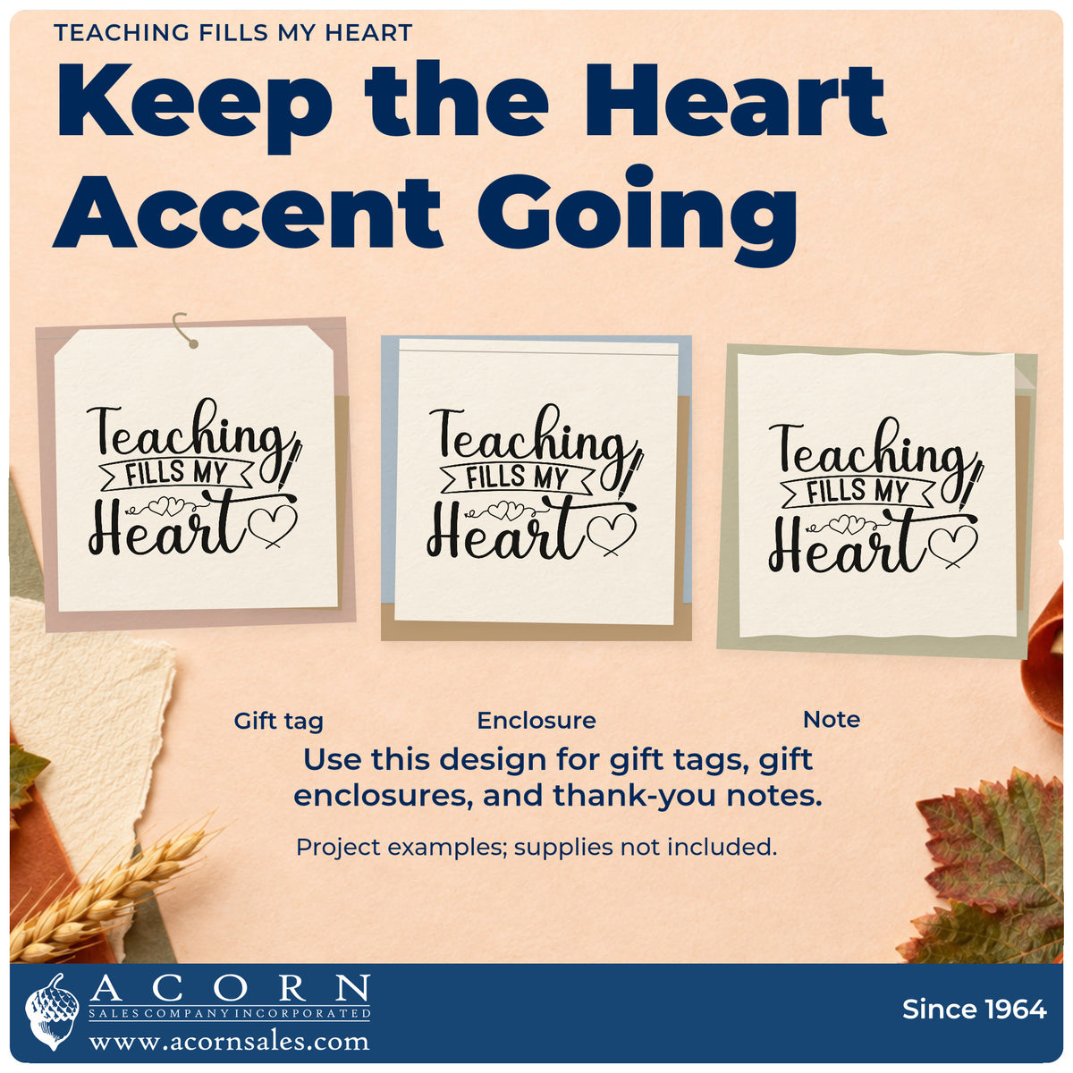 Three project examples made with the Teaching Fills My Heart Slim Pre-Inked Stamp, including treat tin labels.