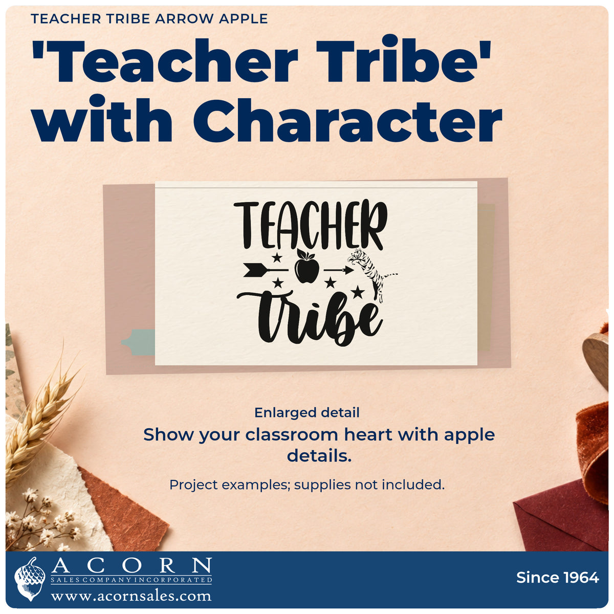 Enlarged detail of the Teacher Tribe Arrow Apple With Stars Rubber Stamp – Wood Handle imprint. “Teacher Tribe” is accented with an arrow, apple, stars, and a patterned feather.