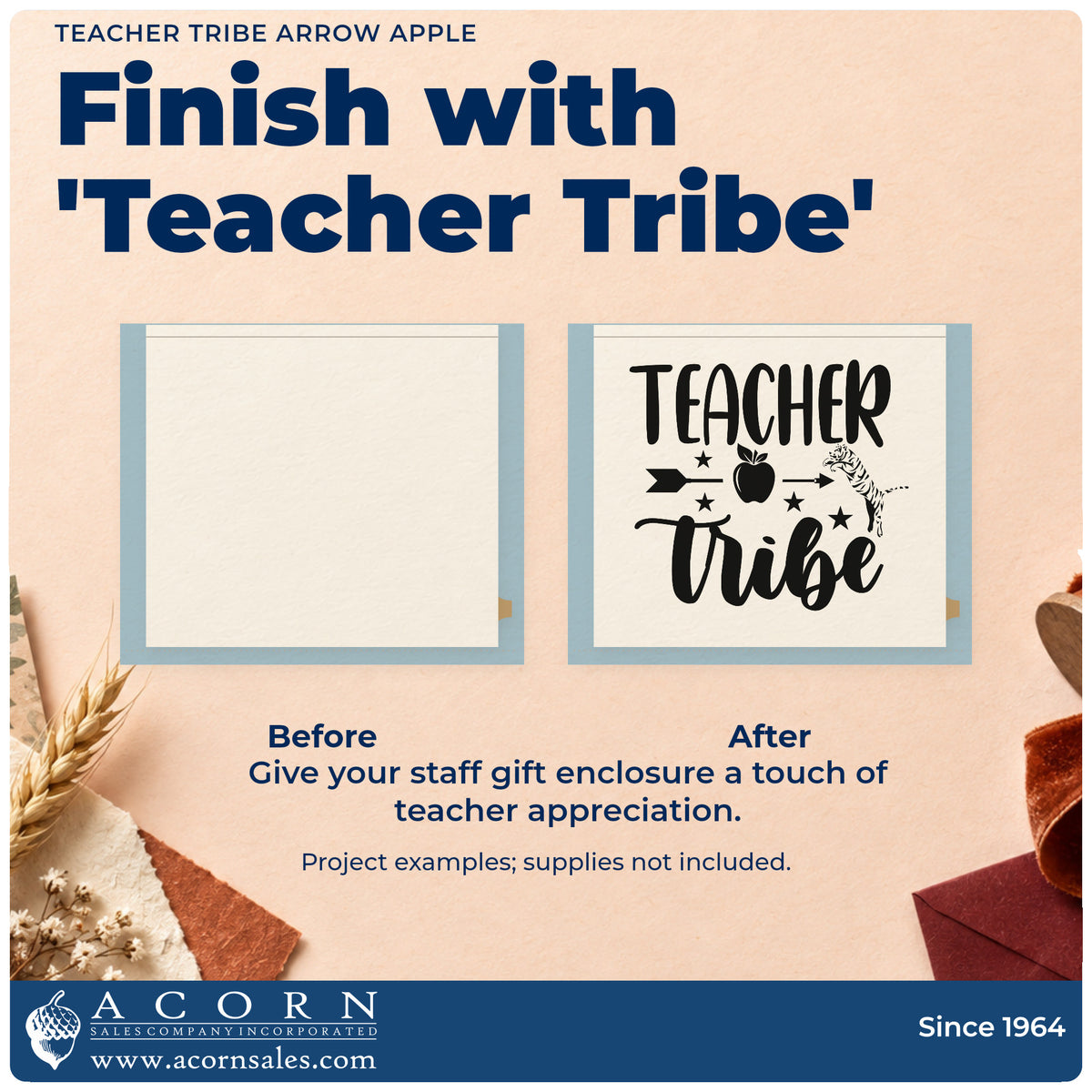 Before and after of a plain item finished with the Premium Wooden Teacher Tribe Arrow Apple With Stars Stamp – Vintage Pro, a quick upgrade for den kit seals.