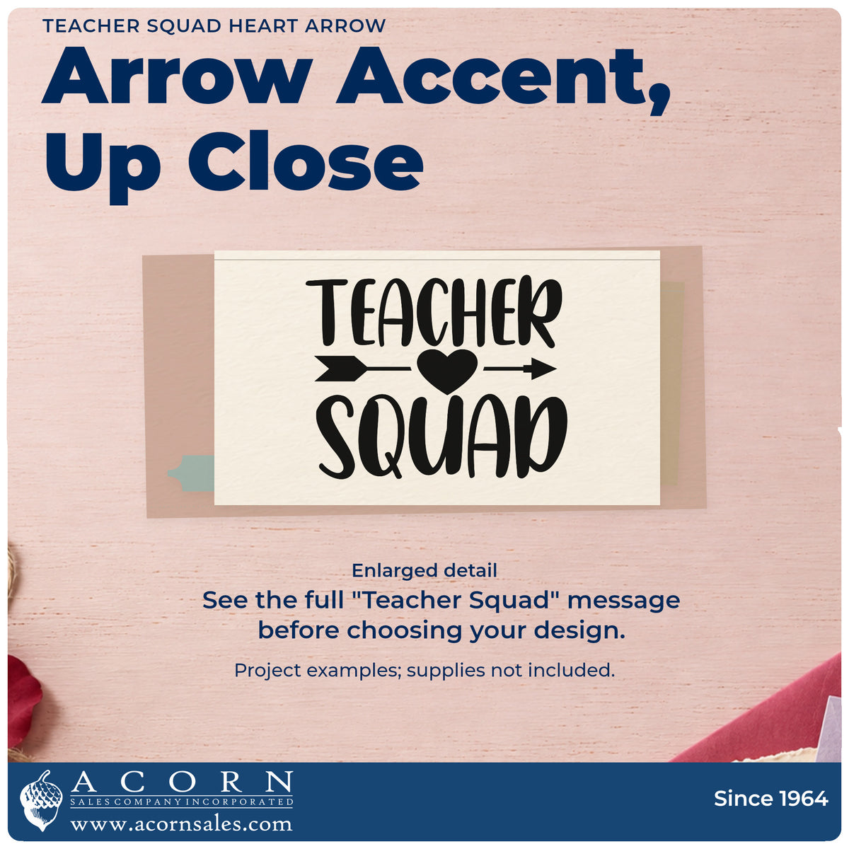 Enlarged detail of the Heart And Arrow Teacher Squad Stamp – Wood Handle imprint. “Teacher Squad” is separated by a horizontal arrow with a heart at its center.