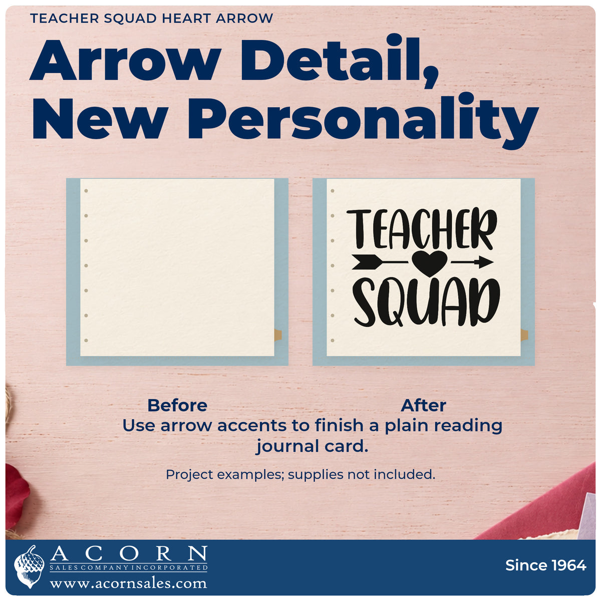 Before and after of a plain item finished with the Heart And Arrow Teacher Squad Stamp – Wood Handle, a quick upgrade for transfer pack seals.