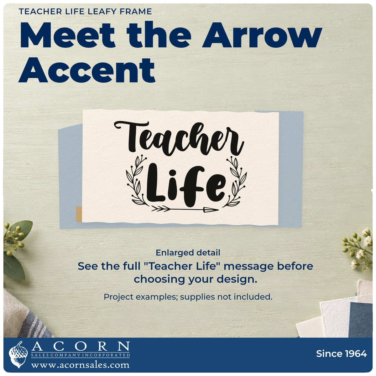 Enlarged detail of the Teacher Life Leafy Framed Lettering Slim Pre-Inked Stamp imprint. “Teacher Life” is framed below by leafy sprigs and a small arrow.