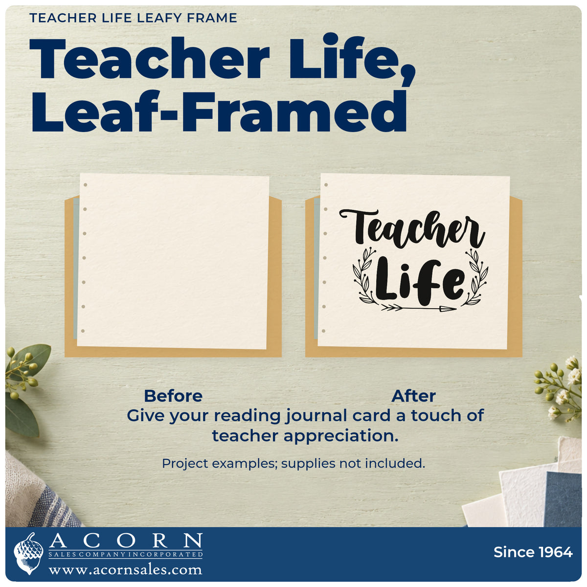 Before and after of a plain item finished with the Teacher Life Leafy Framed Lettering Stamp – Premium Vintage Pro Wooden, a quick upgrade for cutting bag seals.