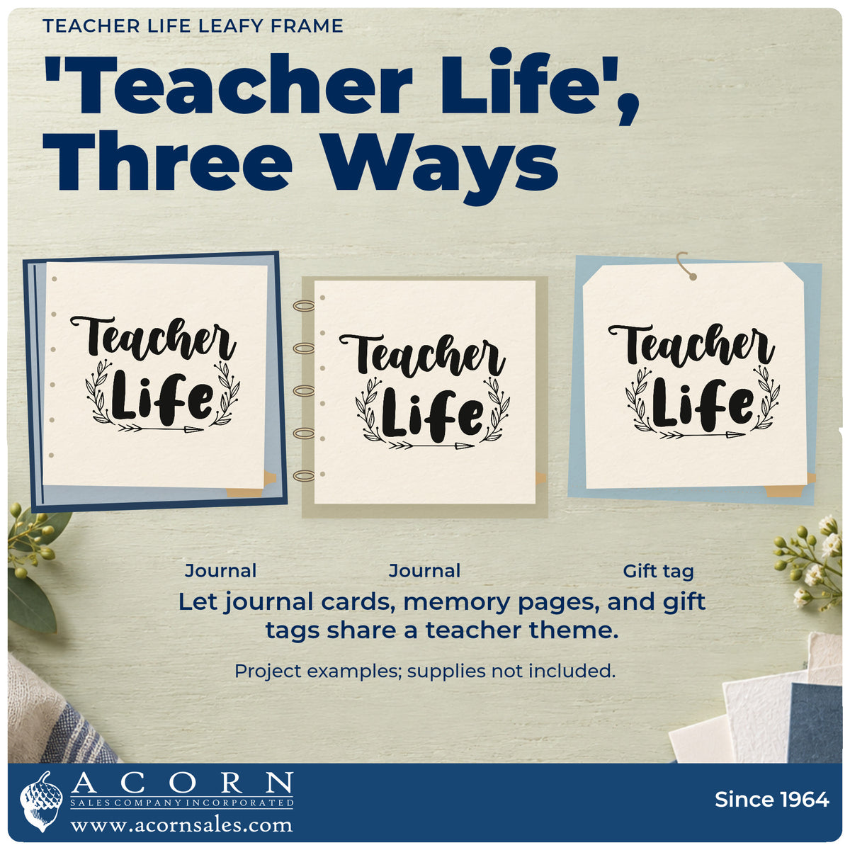 Three project examples made with the PSI Pre-Inked Teacher Life Leafy Framed Lettering Stamp, including terracotta labels.