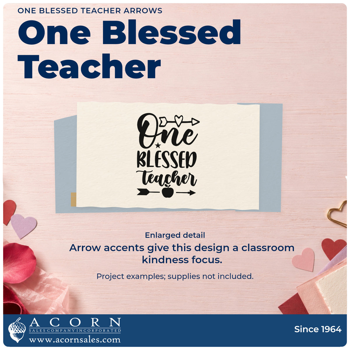Enlarged detail of the Slim Pre-Inked One Blessed Teacher Arrows Stamp imprint. “One Blessed Teacher” features arrows, hearts, a star, and an apple.