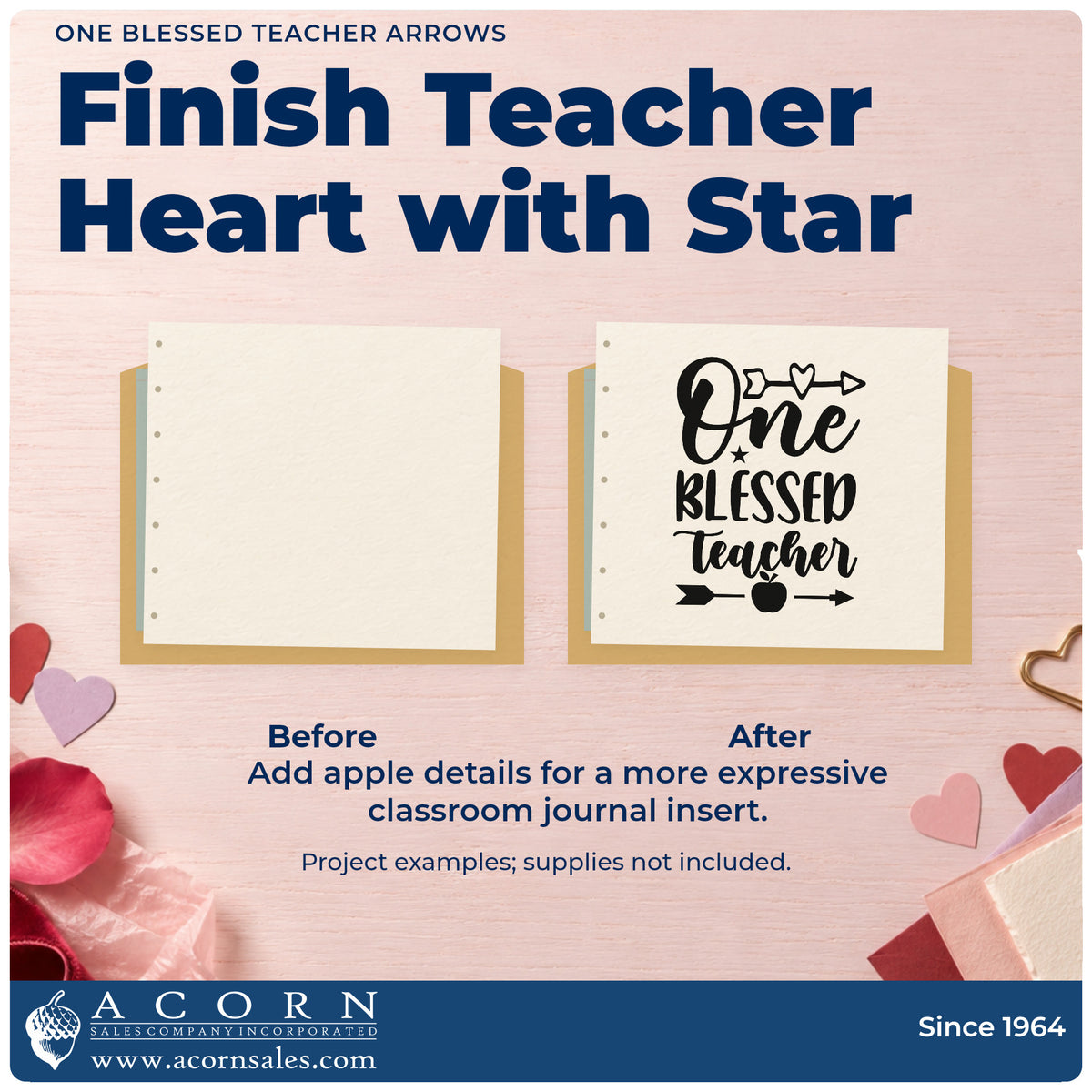 Before and after of a plain item finished with the Slim Pre-Inked One Blessed Teacher Arrows Stamp, a quick upgrade for collection seals.