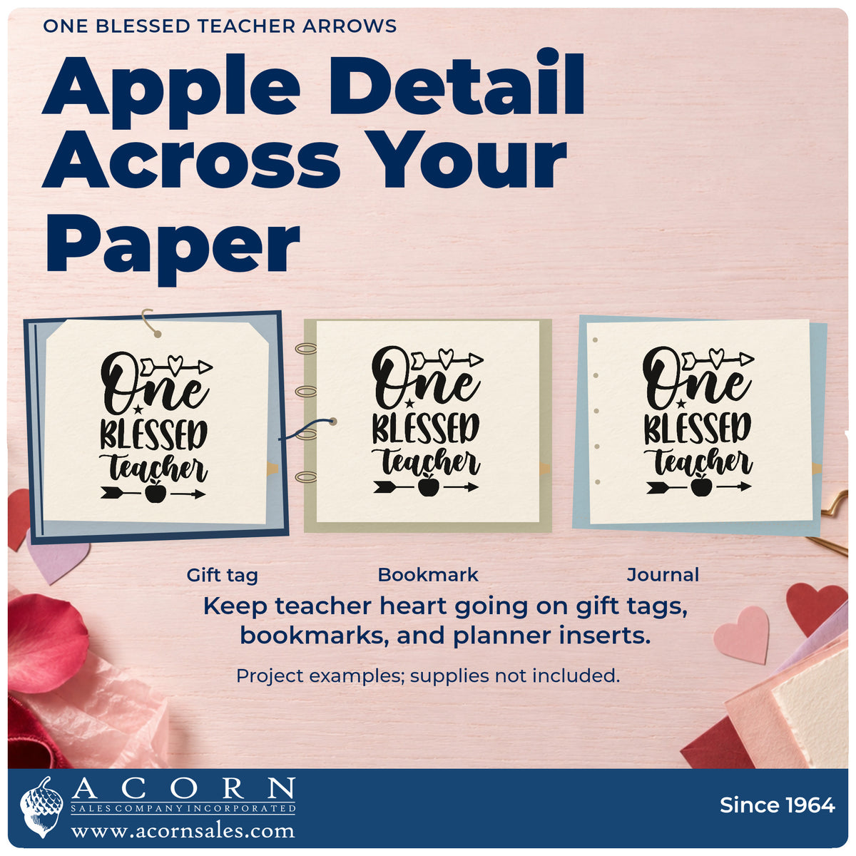 Three project examples made with the One Blessed Teacher Arrows Wood Handle Stamp, including produce crate labels.