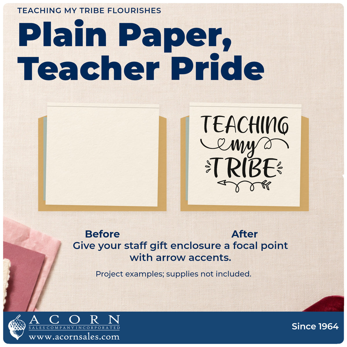 Before and after of a plain item finished with the Teaching My Tribe Wood-Mounted Rubber Stamp, a quick upgrade for charter pack seals.