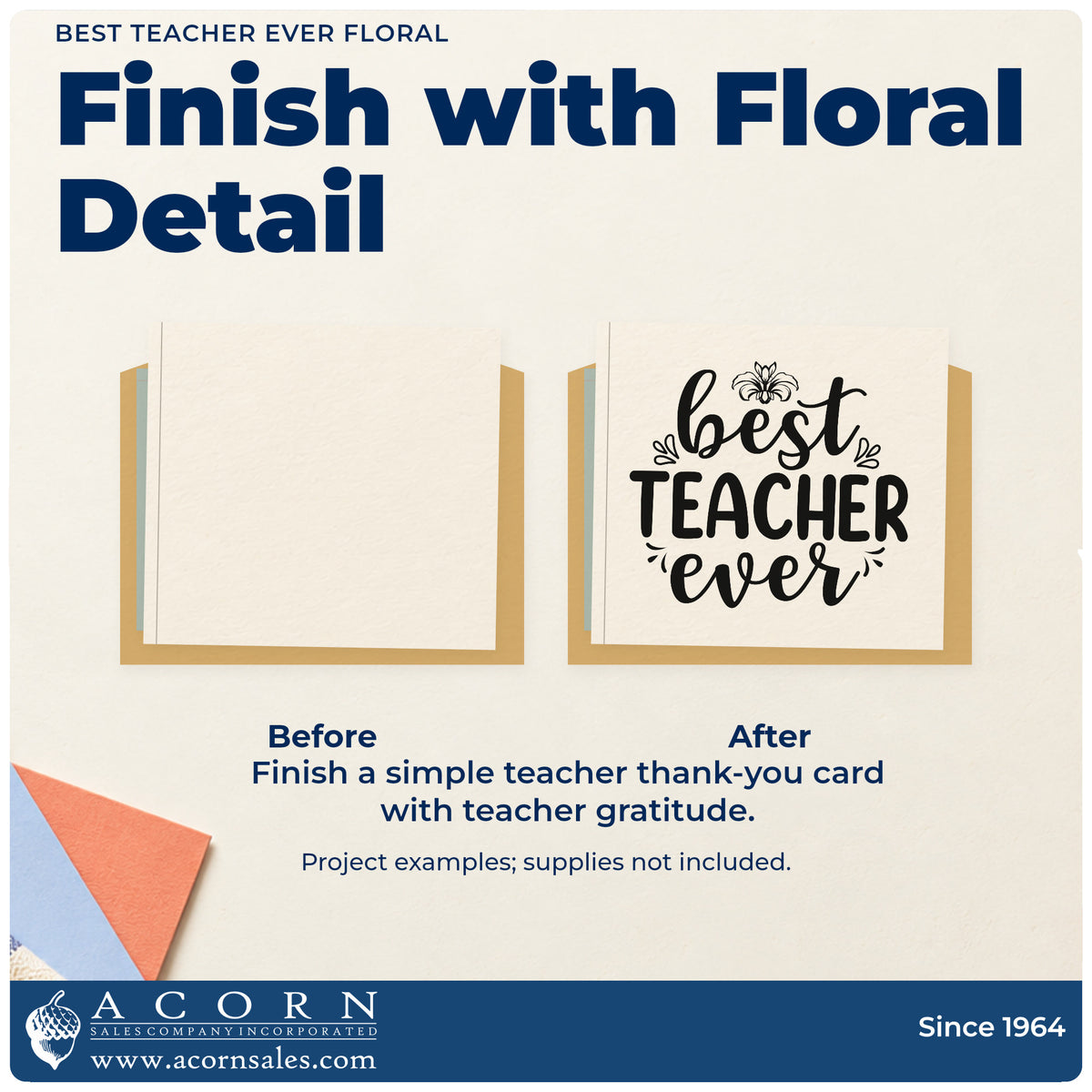 Before and after of a plain item finished with the Best Teacher Ever Floral Premium Wooden Stamp – Vintage Pro, a quick upgrade for bouquet wrap seals.