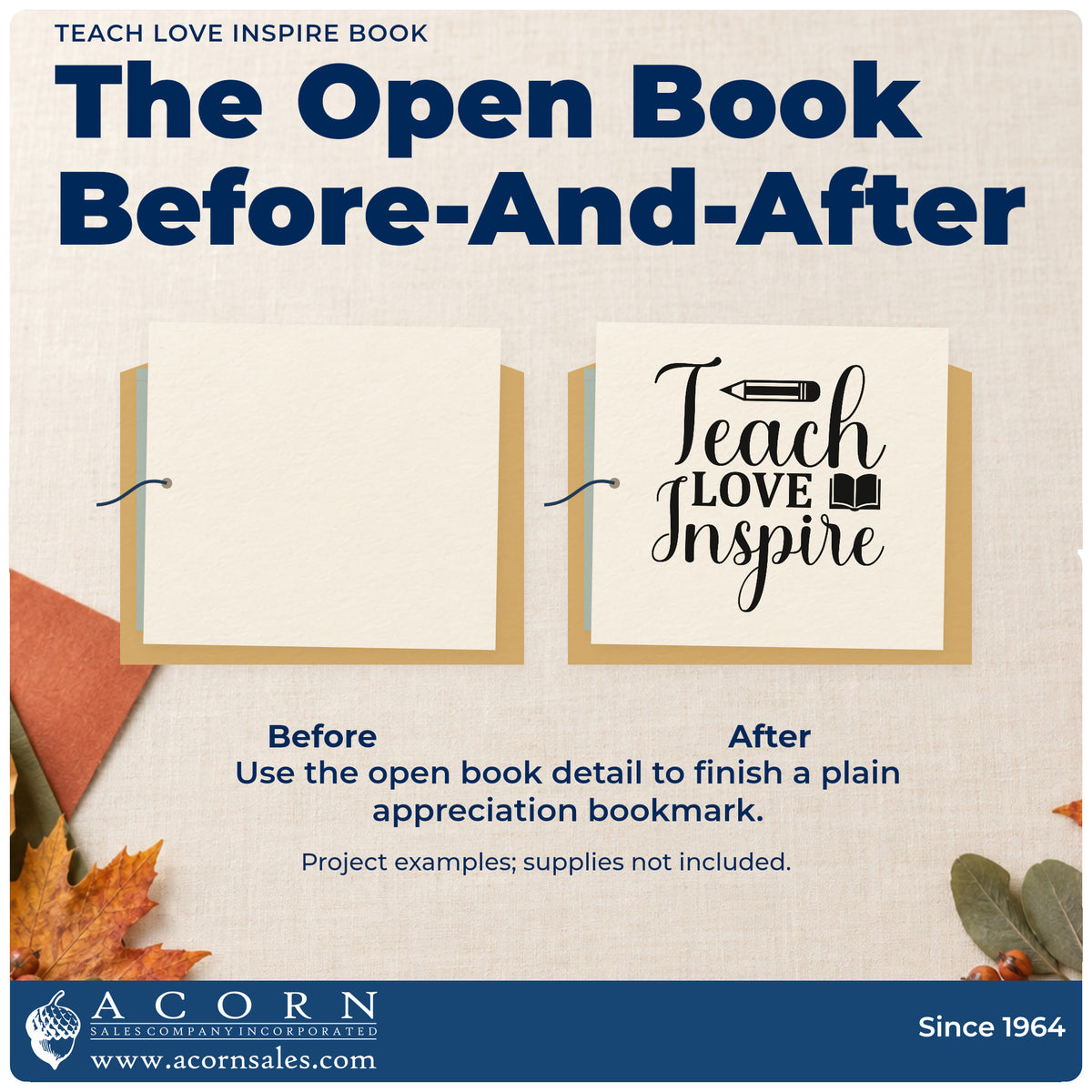 Before and after of a plain item finished with the Teach Love Inspire Book Pencil PSI Pre-Inked Stamp, a quick upgrade for library card seals.