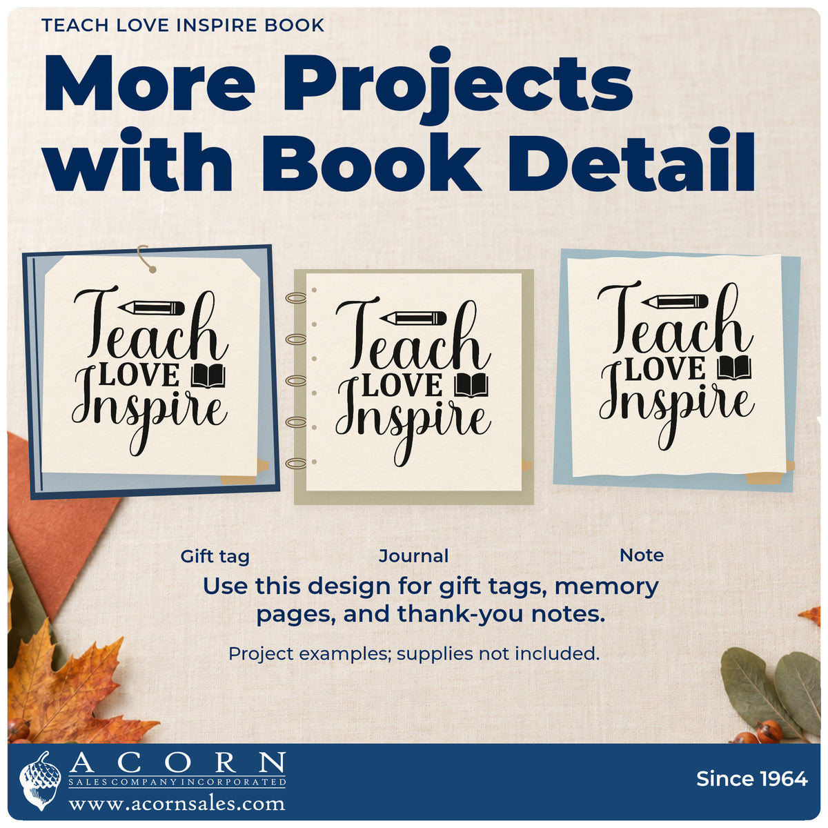 Three project examples made with the Teach Love Inspire Book Pencil Stamp – Self-Inking, including genre crate labels.