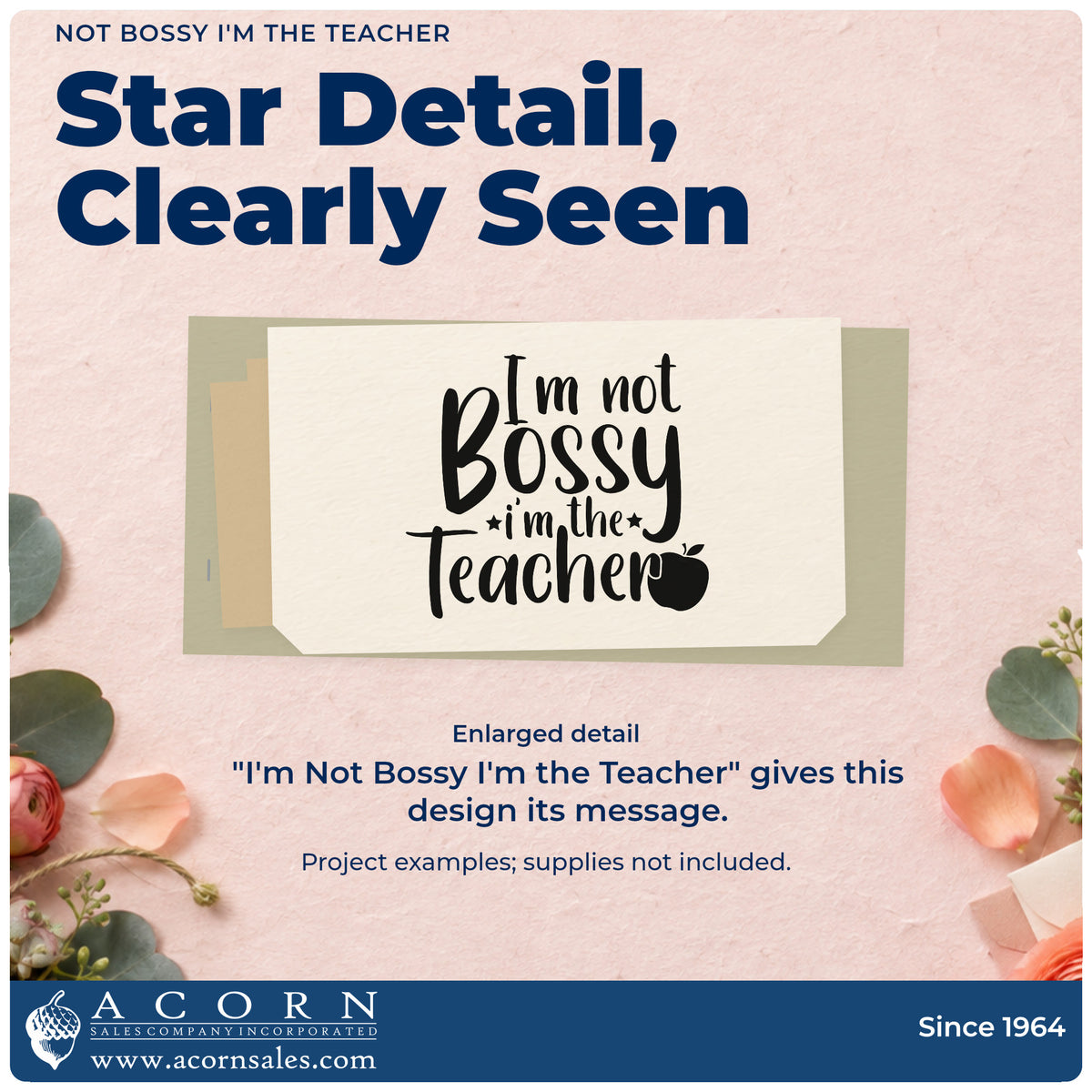 Enlarged detail of the Not Bossy I'm The Teacher Stamp – PSI Pre-Inked imprint. “I'm Not Bossy I'm the Teacher” appears with small stars and an apple.