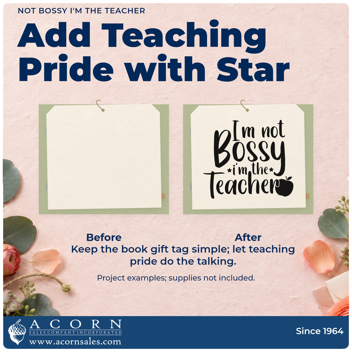 Before and after of a plain item finished with the Not Bossy I'm The Teacher Premium Wood-Mounted Stamp – Vintage Pro, a quick upgrade for memo slip seals.