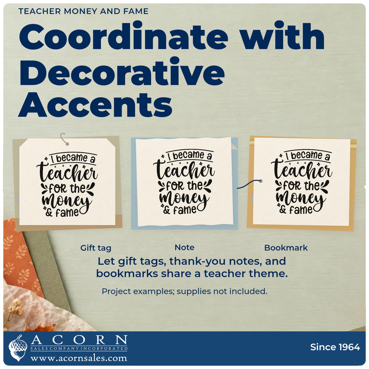 Three project examples made with the Teacher Money And Fame Stamp – Slim Pre-Inked, including budget sheet pages.