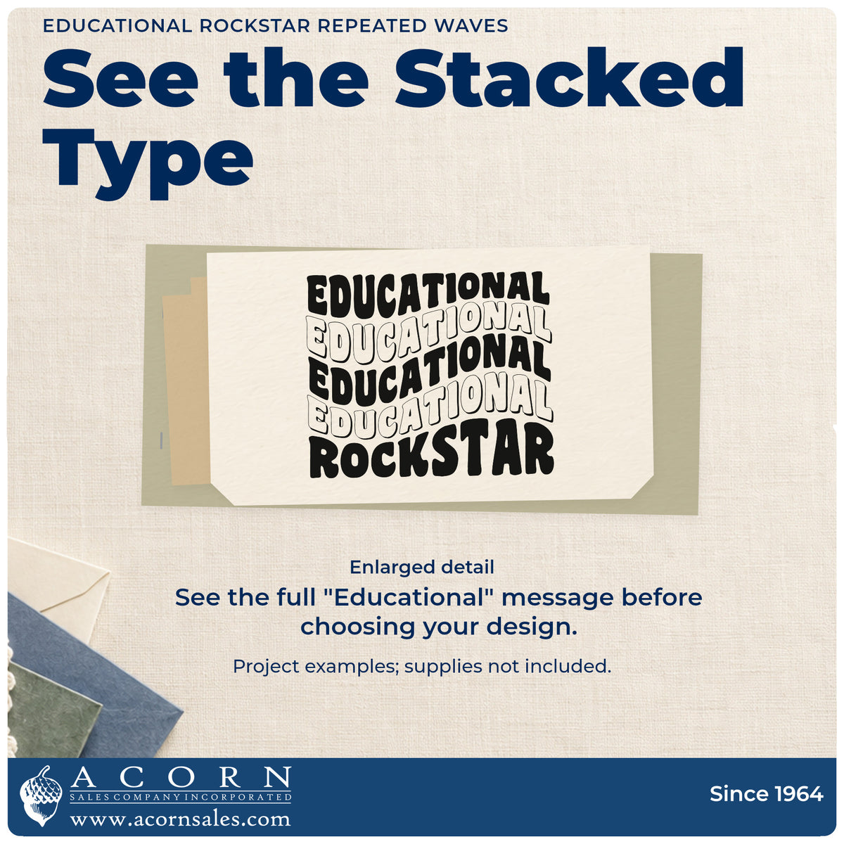 Enlarged detail of the Wavy Educational Rockstar Word Art Wood Handle Stamp imprint. Four wavy rows repeat “Educational” above bold “Rockstar.”