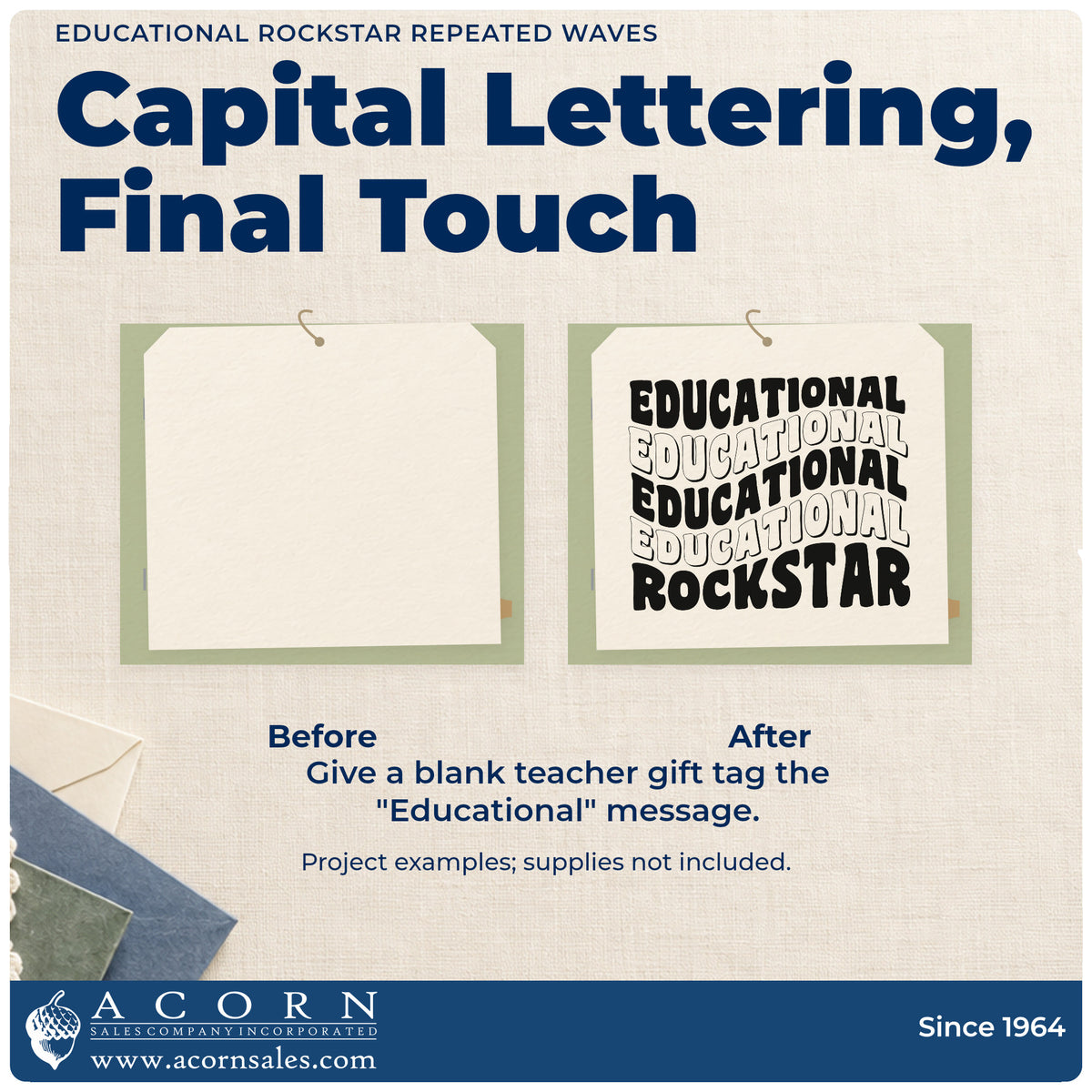 Before and after of a plain item finished with the Wavy Educational Rockstar Word Art Premium Wooden Stamp – Vintage Pro, a quick upgrade for program fold seals.