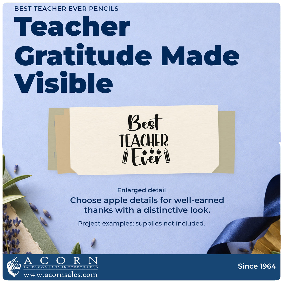 Enlarged detail of the Best Teacher Ever Pencils Apple Stamp – Premium Vintage Pro Wooden imprint. “Best Teacher Ever” features three small apples and pencils at either side.