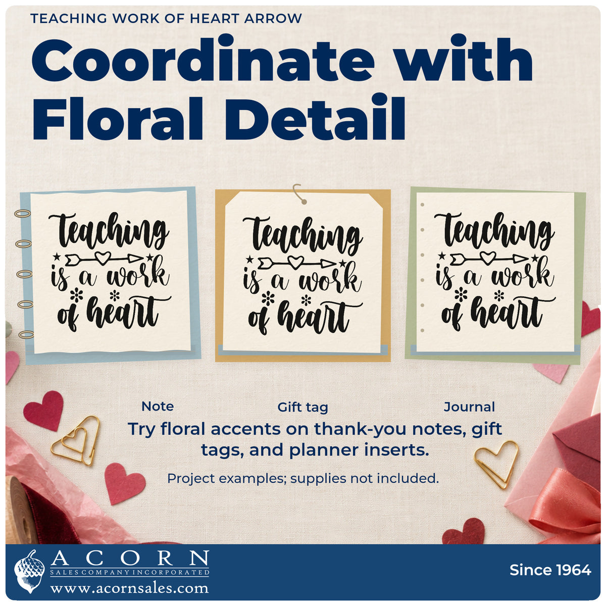 Three project examples made with the Teaching Work Of Heart Arrow Floral Accents Slim Pre-Inked Stamp, including bulb tray labels.