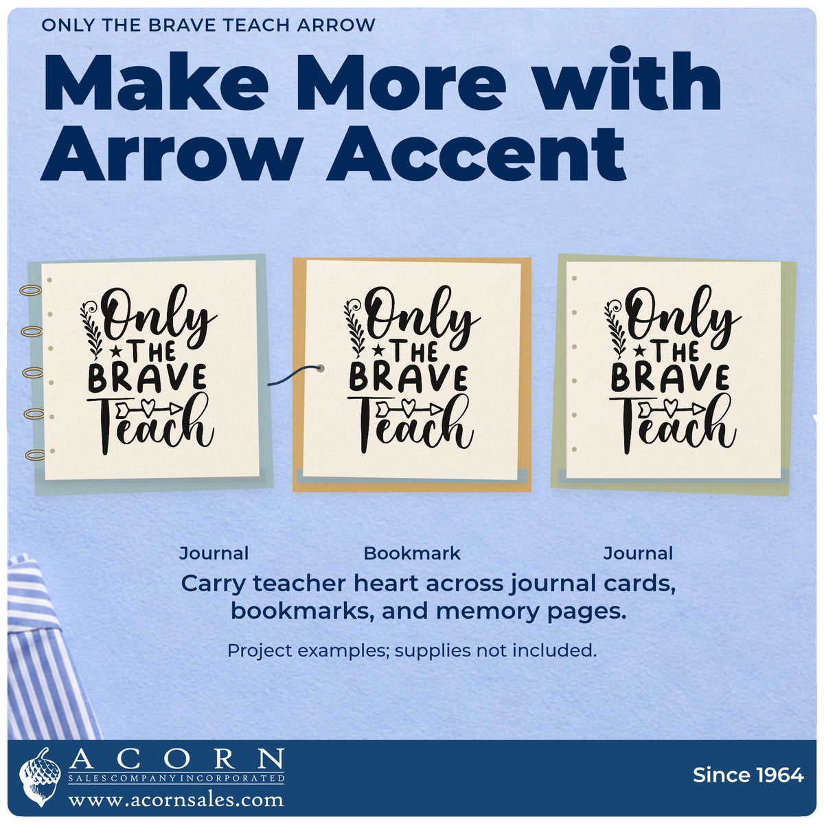 Three project examples made with the Only The Brave Teach Arrow Self-Inking Craft Stamp, including meeting room labels.