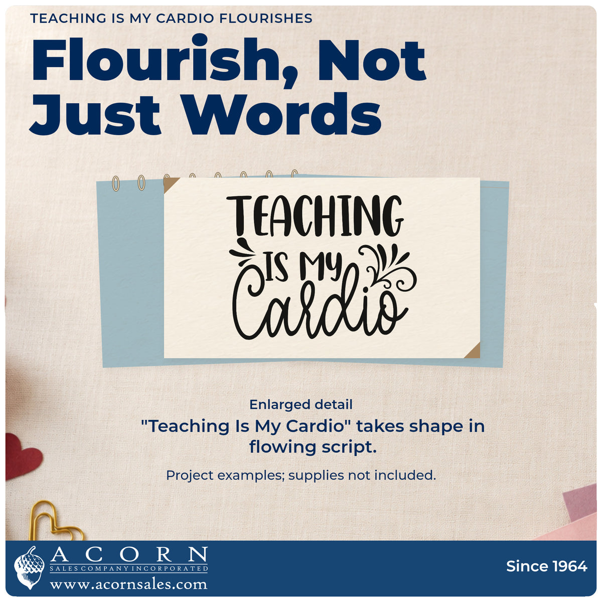 Enlarged detail of the Teaching Is My Cardio Script Lettering Stamp – Premium Vintage Pro Wooden imprint. “Teaching Is My Cardio” uses bold capitals and flowing script with ornamental curls.