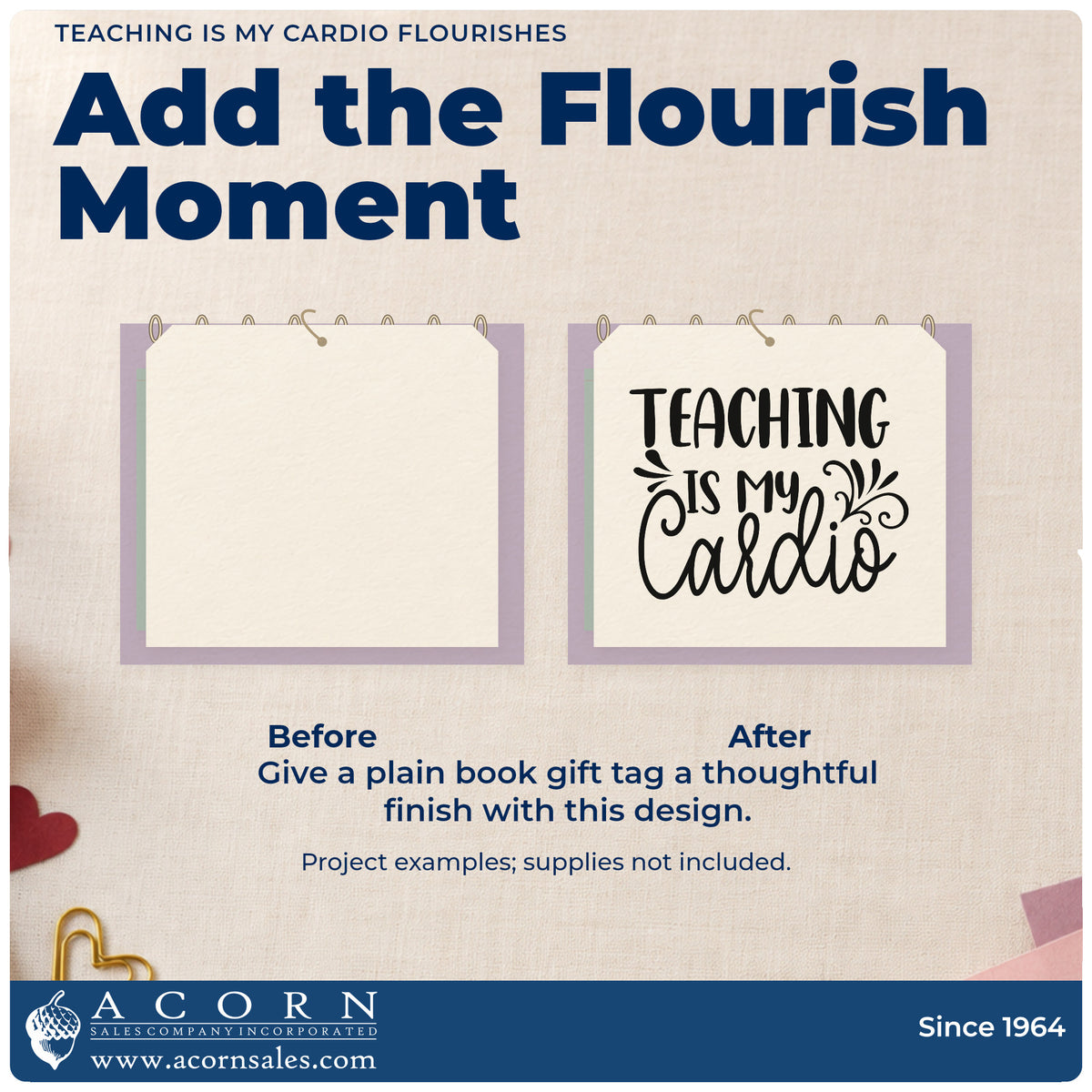 Before and after of a plain item finished with the Teaching Is My Cardio Script Lettering Stamp – Premium Vintage Pro Wooden, a quick upgrade for entry pack seals.